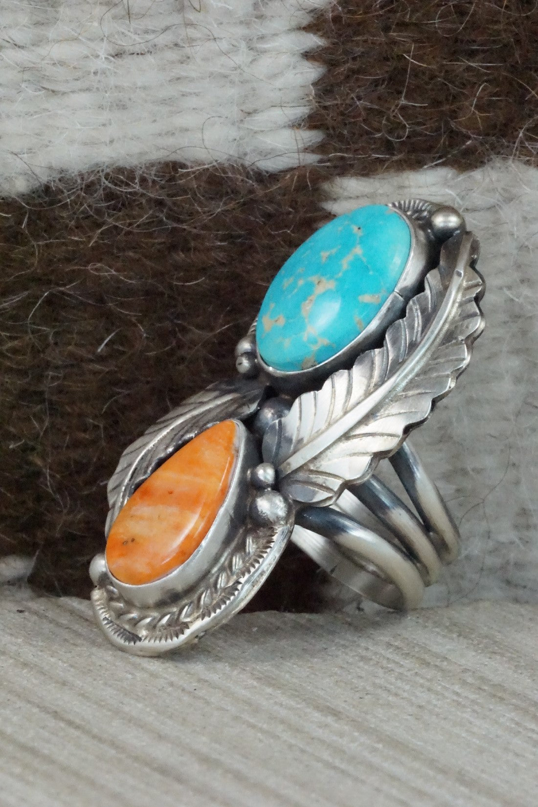Turquoise, Spiny Oyster & Sterling Silver Ring - Betty Lee - Size 8.75