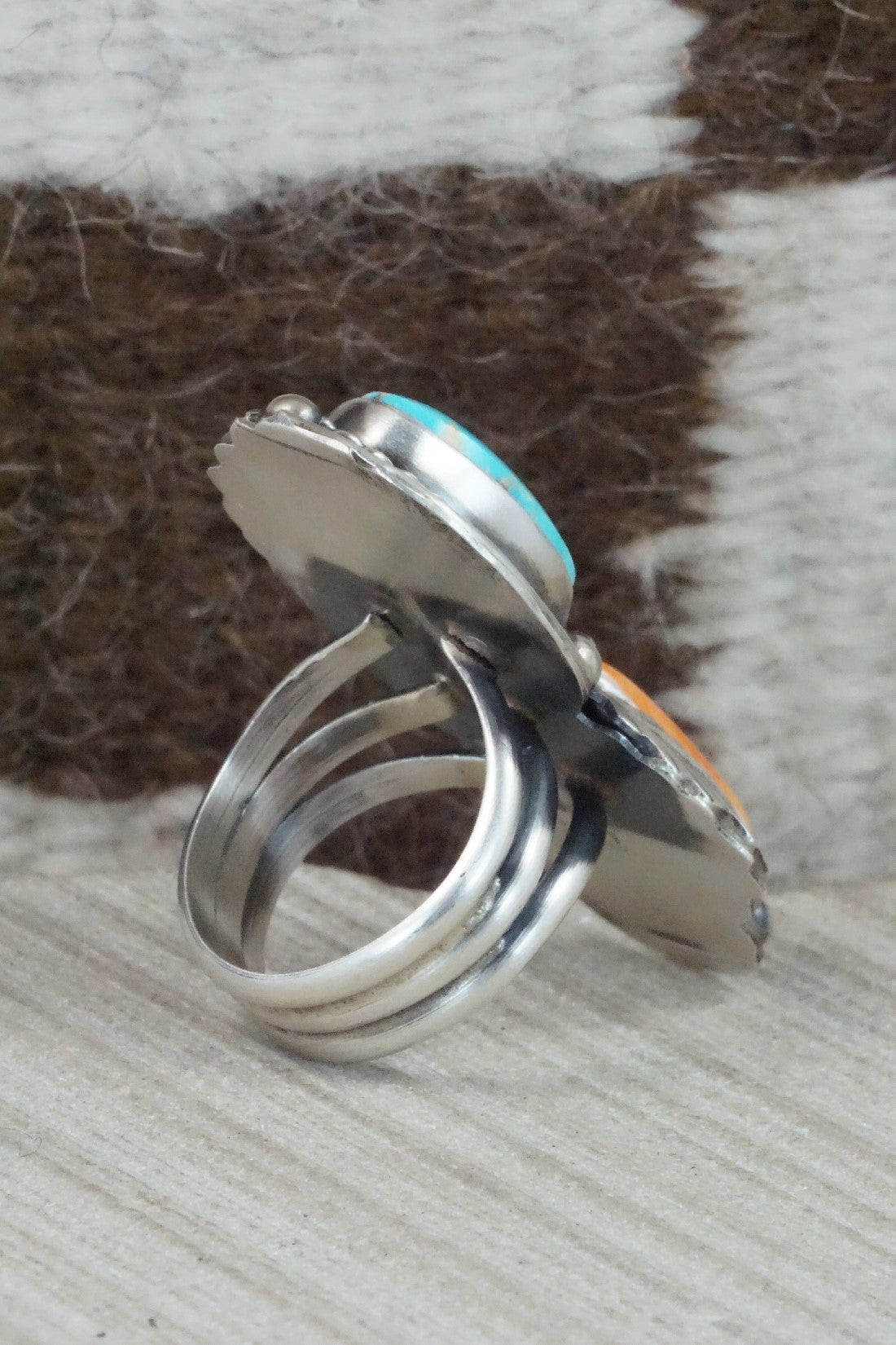 Turquoise, Spiny Oyster & Sterling Silver Ring - Betty Lee - Size 8.75