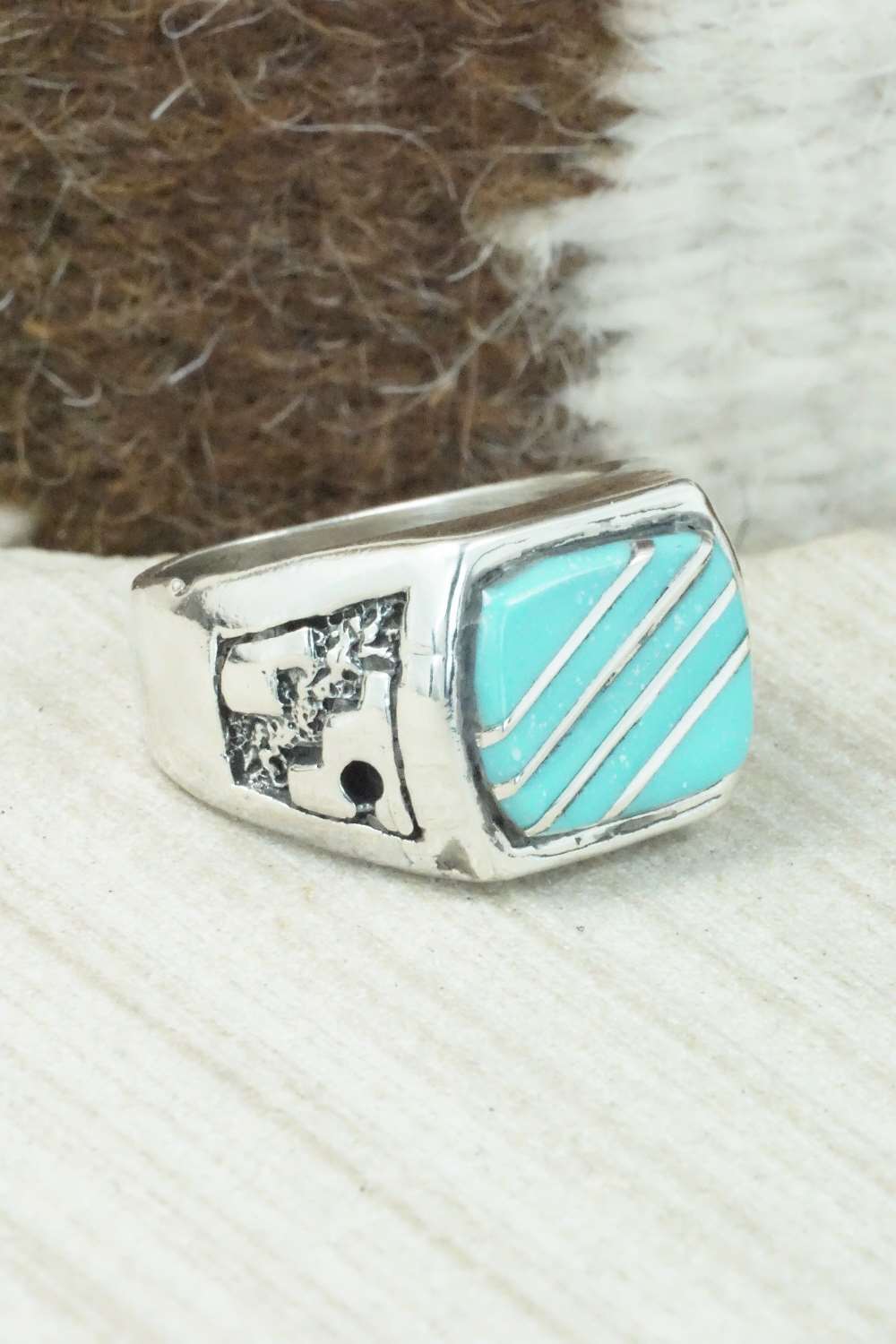 Turquoise & Sterling Silver Inlay Ring - Leslie & Gladys Lamy - Size 9.5