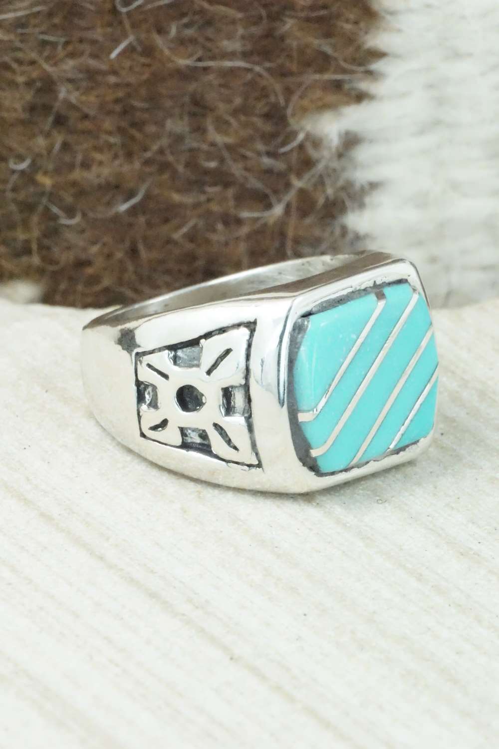 Turquoise & Sterling Silver Inlay Ring - Leslie & Gladys Lamy - Size 10