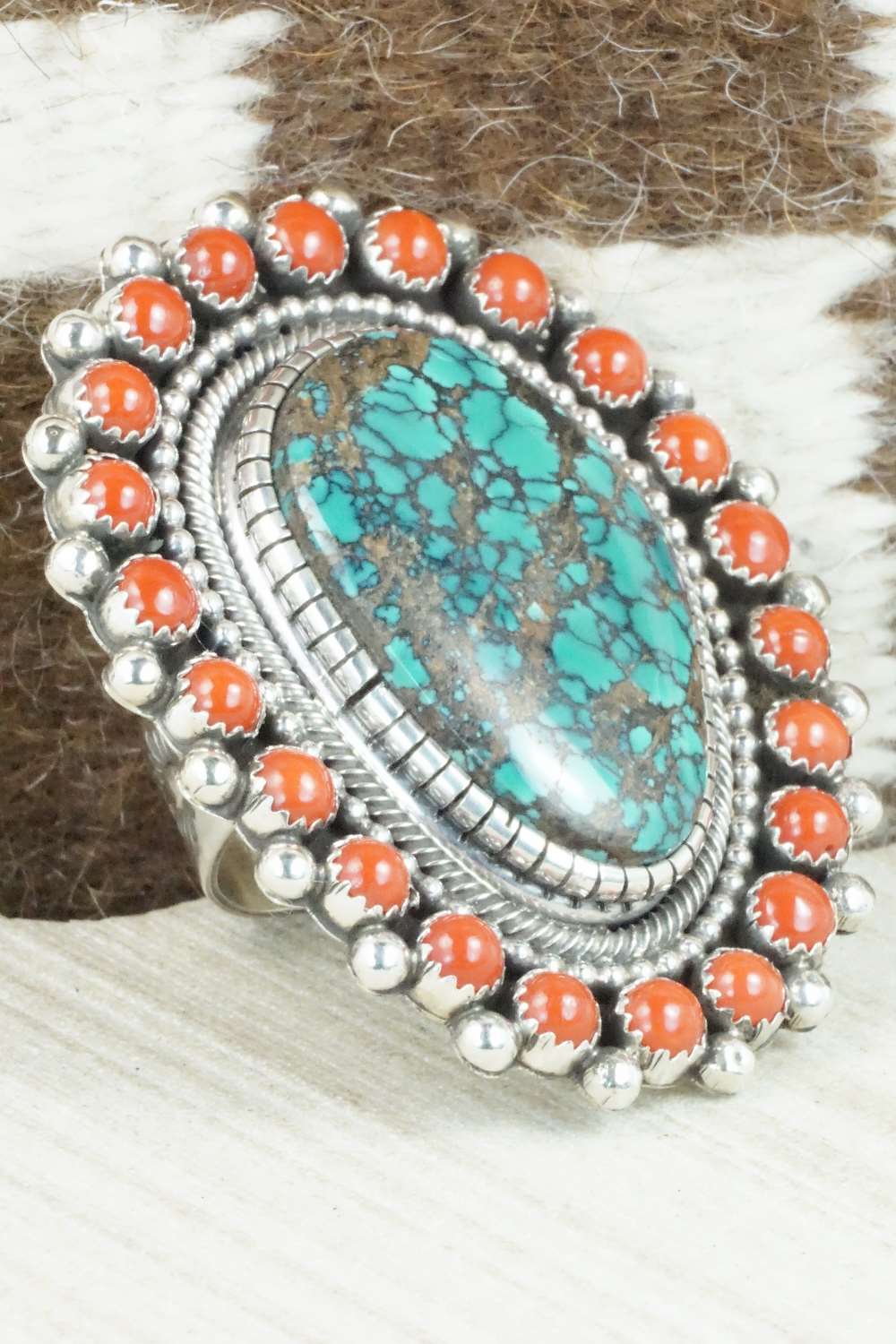 Coral, Turquoise & Sterling Silver Ring - Hemerson Brown - Size 9.75