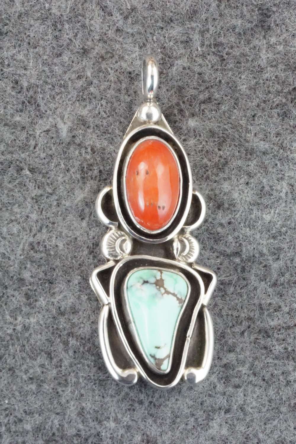 Turquoise, Coral & Sterling Silver Pendant - Roger Lewis