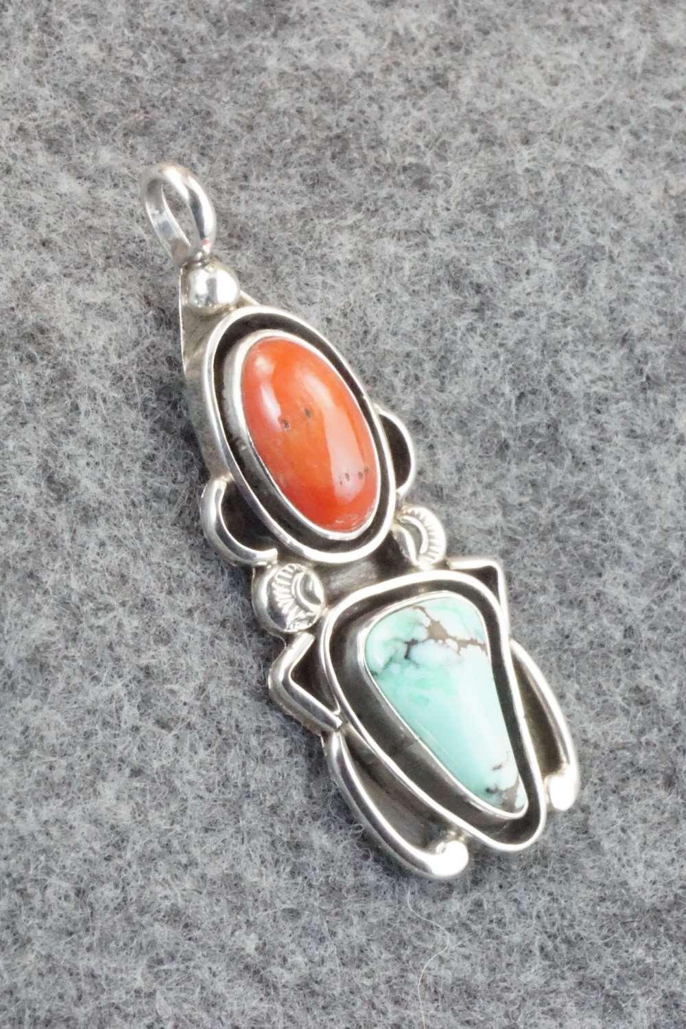 Turquoise, Coral & Sterling Silver Pendant - Roger Lewis