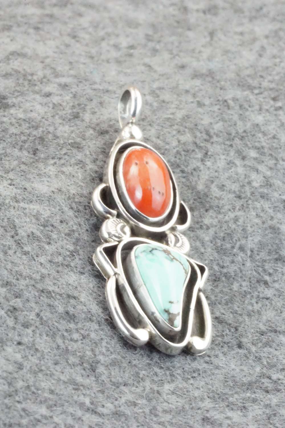 Turquoise, Coral & Sterling Silver Pendant - Roger Lewis