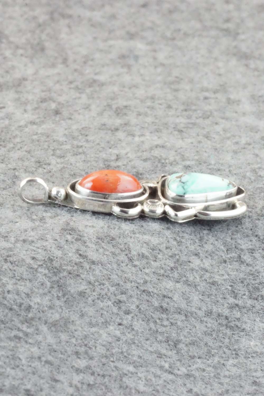 Turquoise, Coral & Sterling Silver Pendant - Roger Lewis