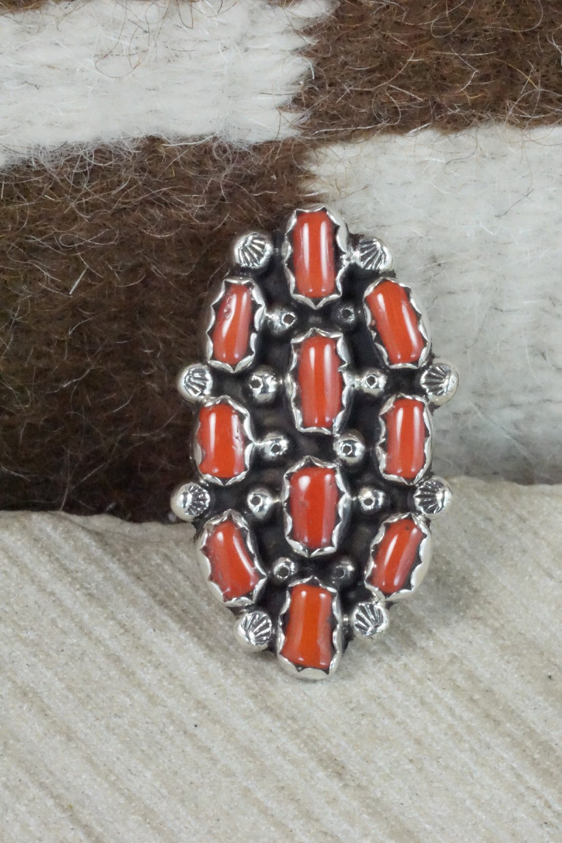 Coral & Sterling Silver Ring - Priscilla Reeder - Size 7.75