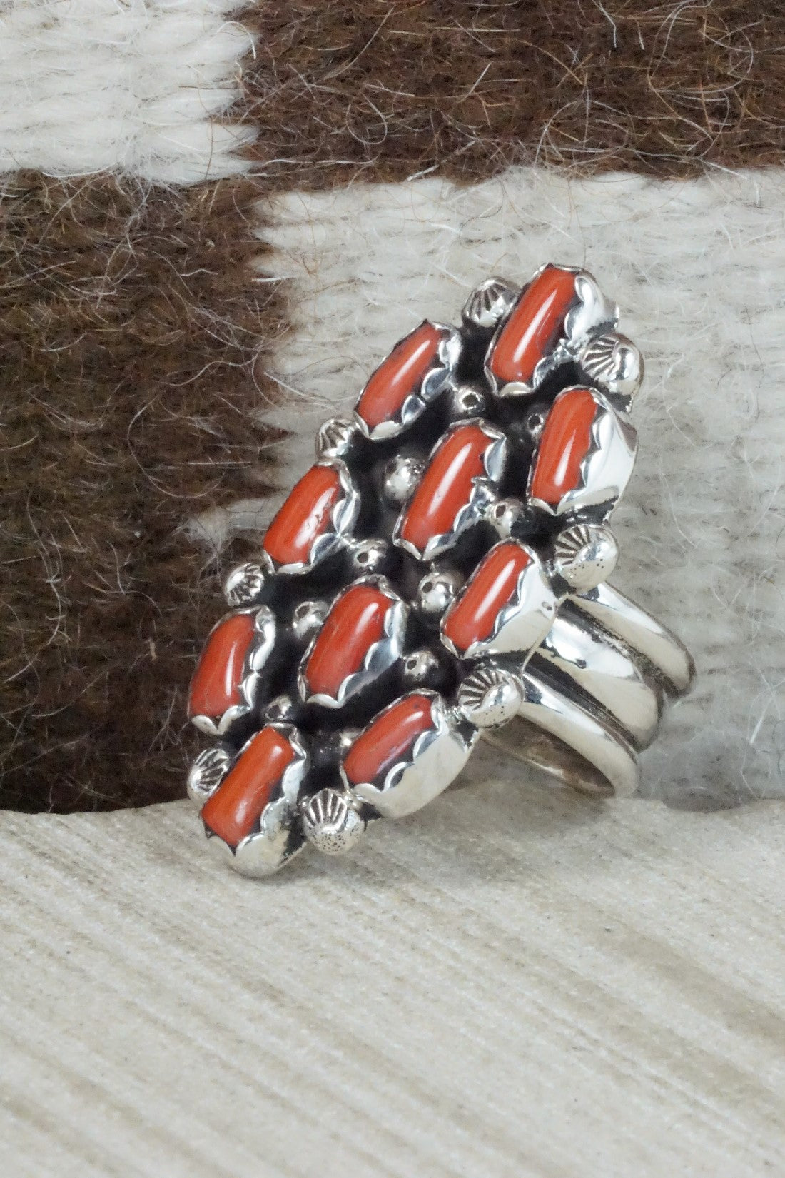 Coral & Sterling Silver Ring - Priscilla Reeder - Size 7.75