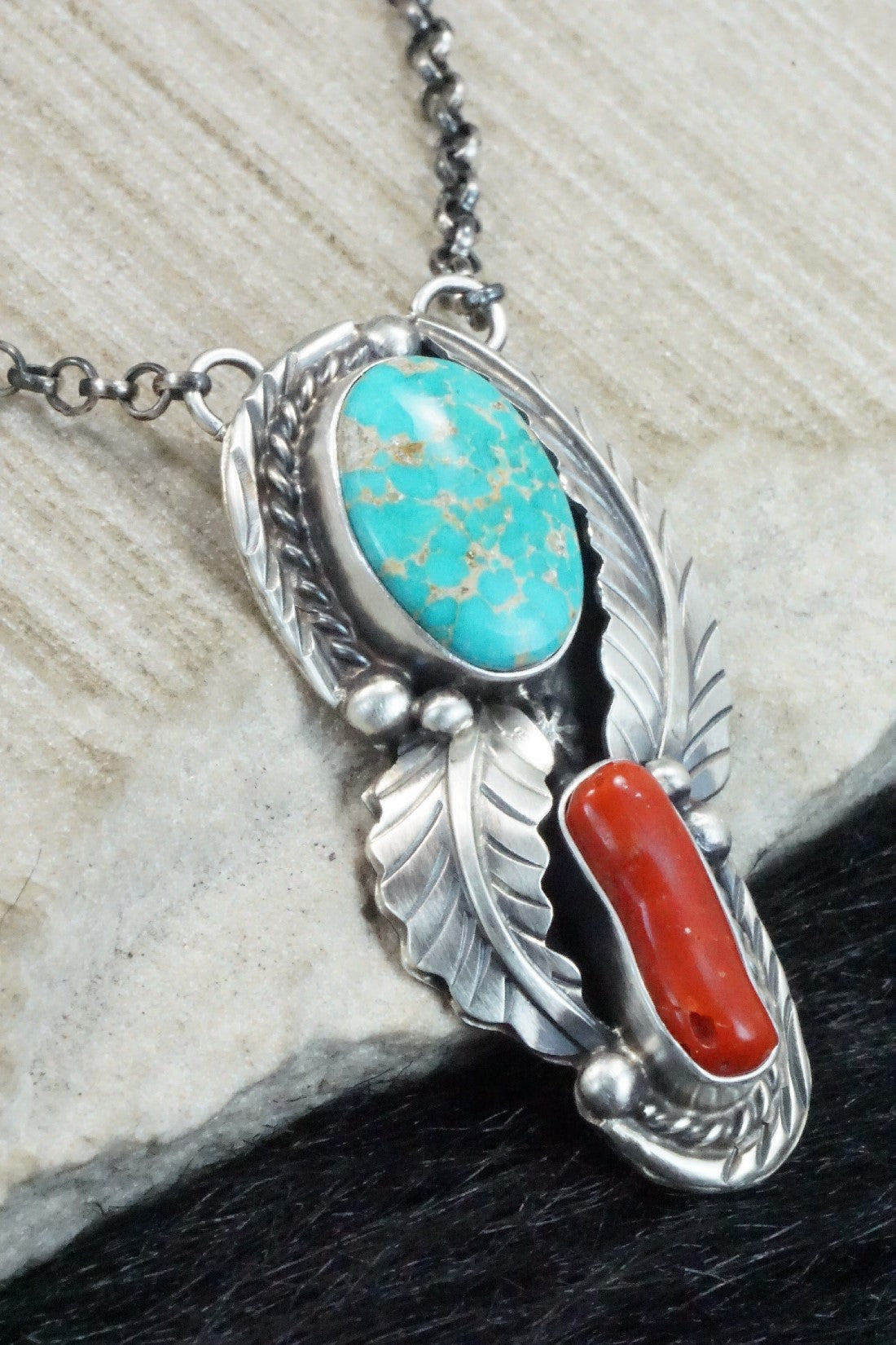 Turquoise, Coral & Sterling Silver Necklace - Betta Lee