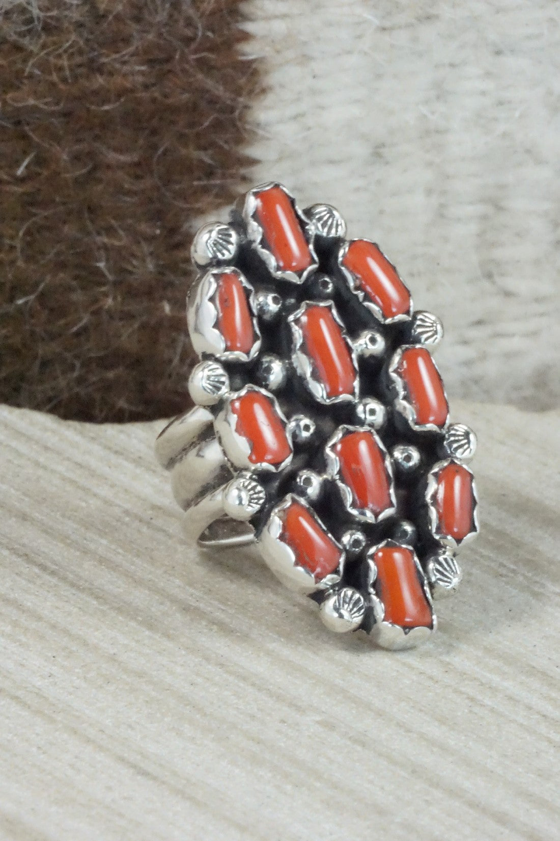 Coral & Sterling Silver Ring - Priscilla Reeder - Size 7.75