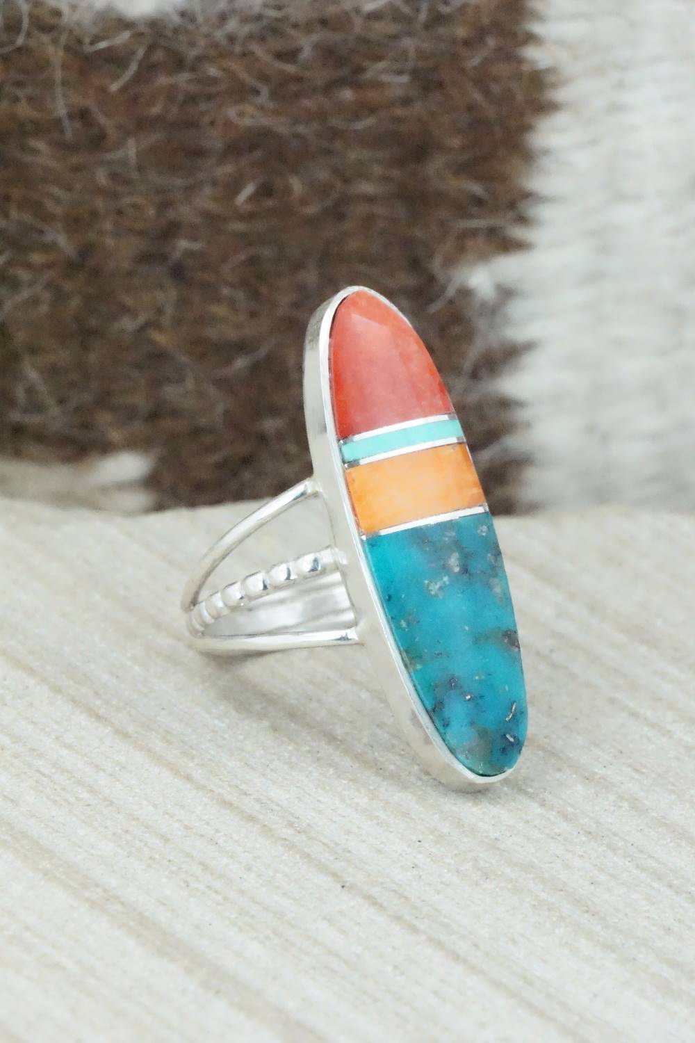 Spiny Oyster, Turquoise & Sterling Silver Ring - Harold Smith - Size 8.5
