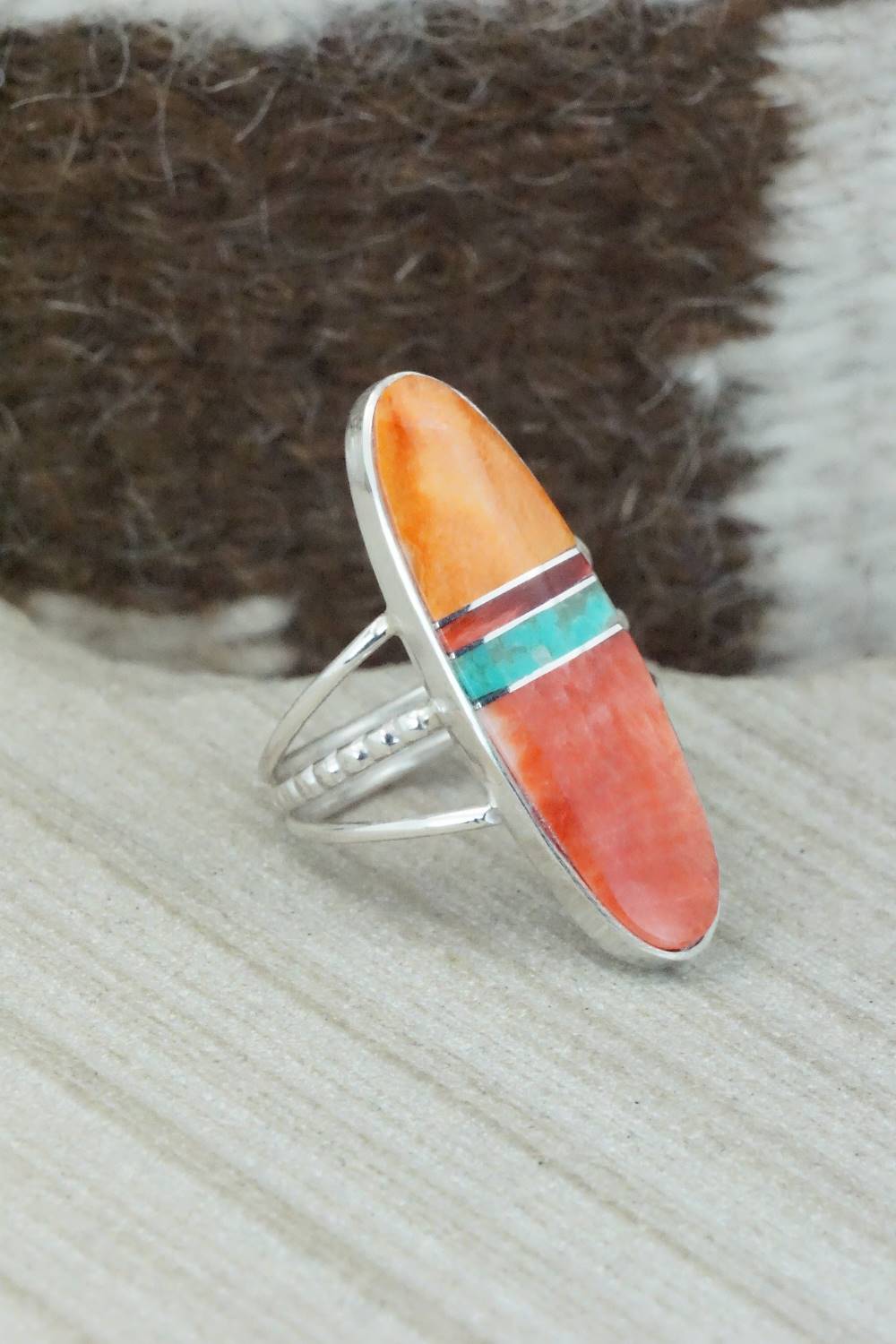 Spiny Oyster, Turquoise & Sterling Silver Ring - Harold Smith - Size 8.5