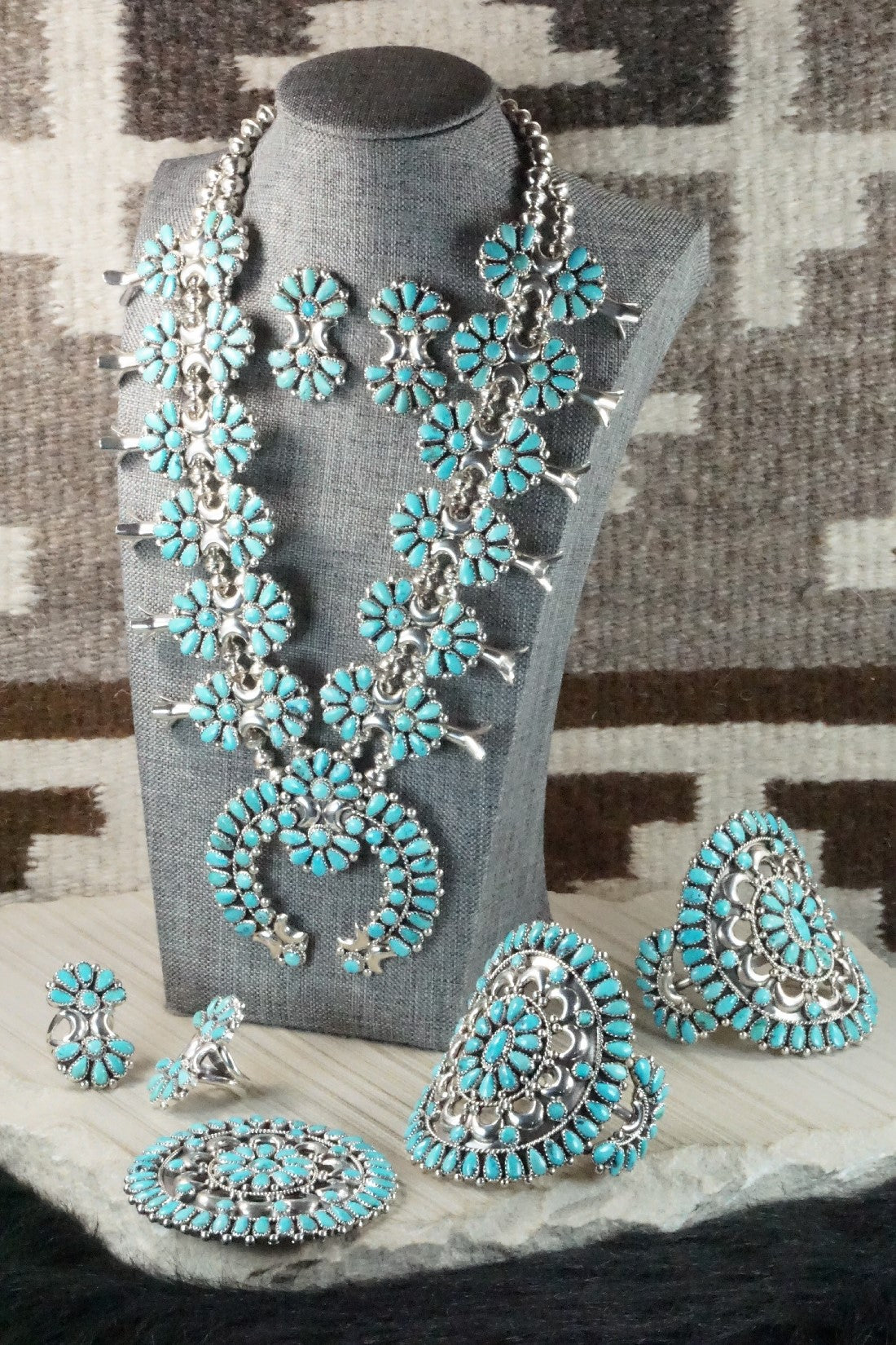 Turquoise & Sterling Silver Squash Blossom Necklace Set - Eunise Wilson