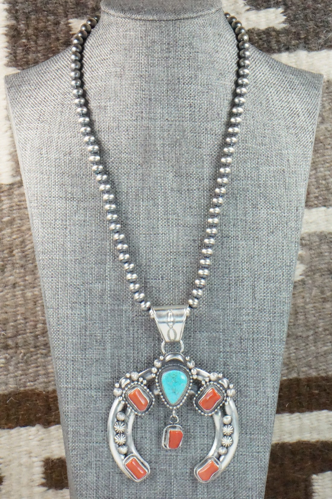 Turquoise, Coral Pendant & Sterling Silver Necklace - Tom Lewis
