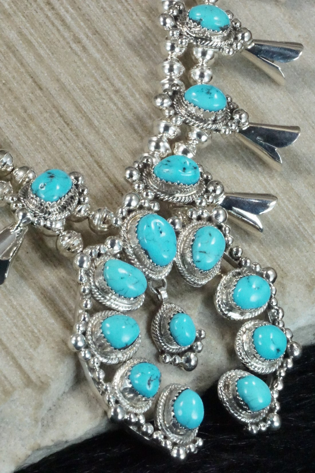 Turquoise & Sterling Silver Squash Blossom Necklace and Earrings - Vernon Johnson