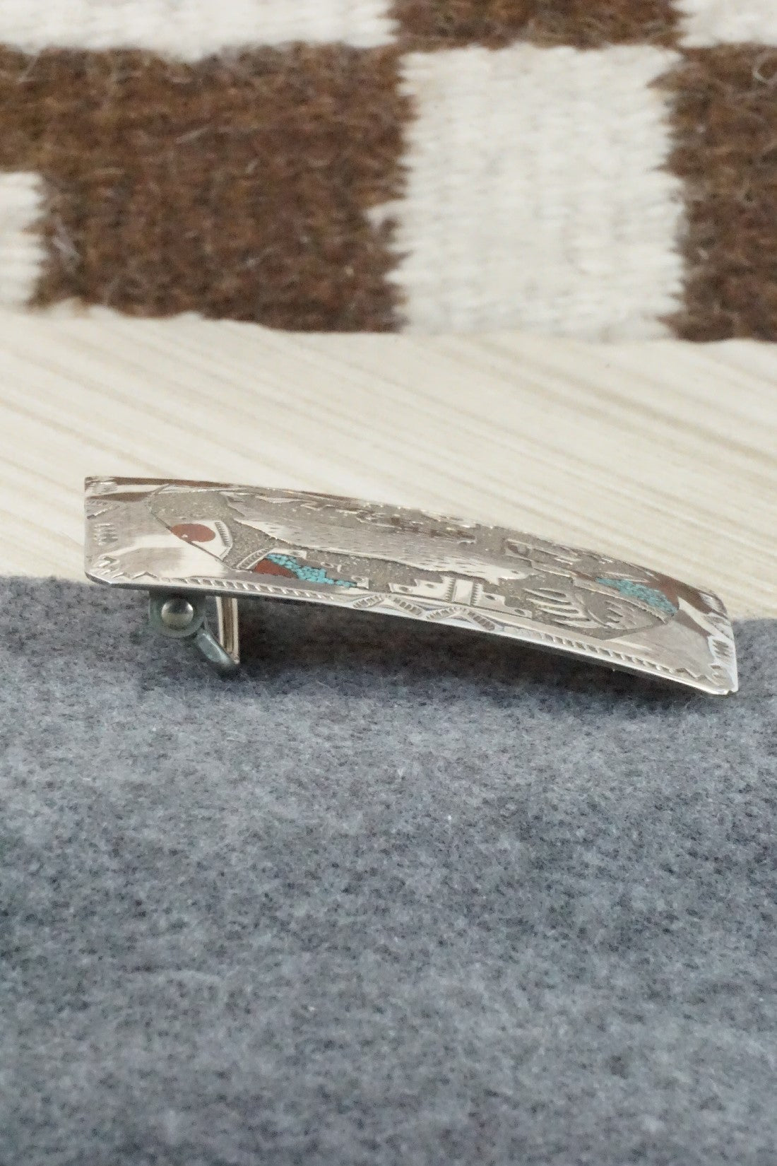 Turquoise, Coral Chip Inlay & Sterling Silver Belt Buckle - Raymond Begay
