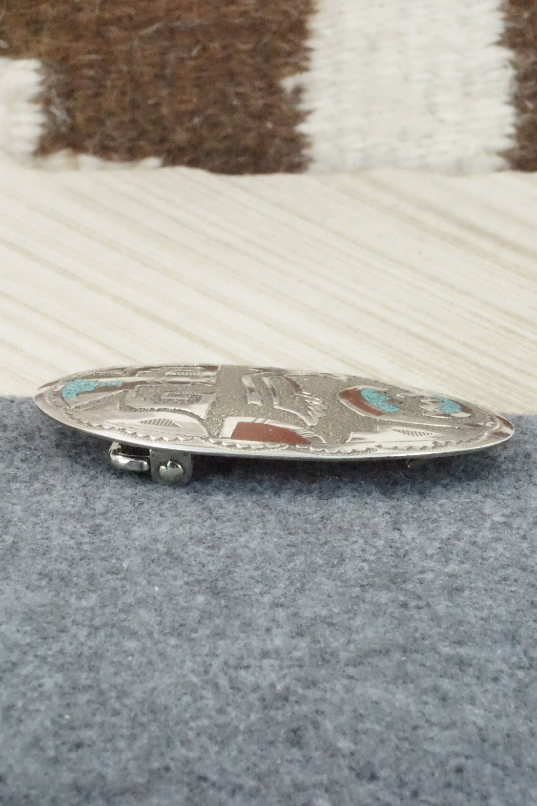 Turquoise, Coral Chip Inlay & Sterling Silver Belt Buckle - Raymond Begay