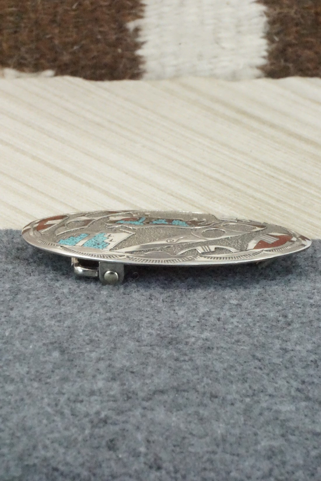 Turquoise, Coral Chip Inlay & Sterling Silver Belt Buckle - Raymond Begay