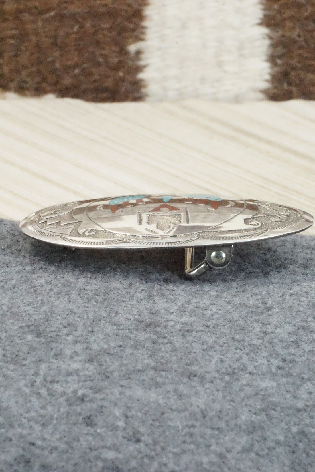 Turquoise, Coral Chip Inlay & Sterling Silver Belt Buckle - Raymond Begay