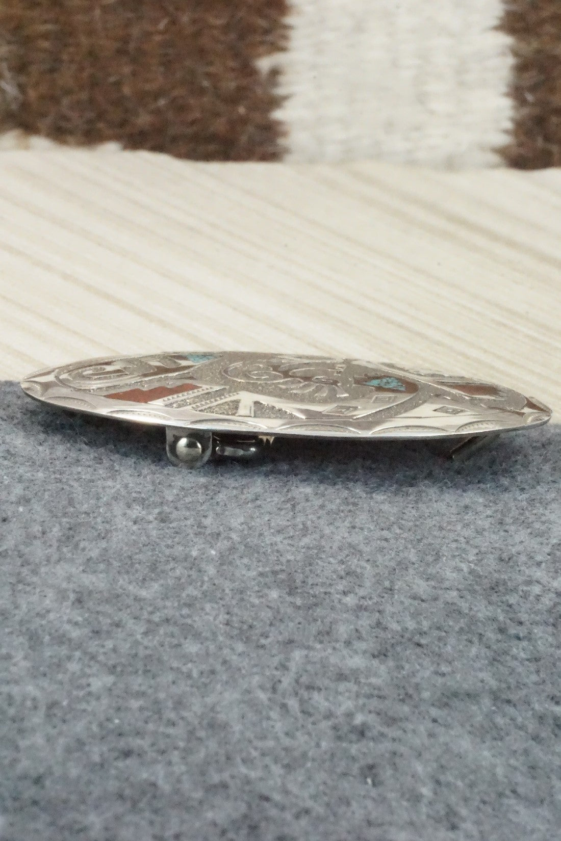 Turquoise, Coral Chip Inlay & Sterling Silver Belt Buckle - Raymond Begay