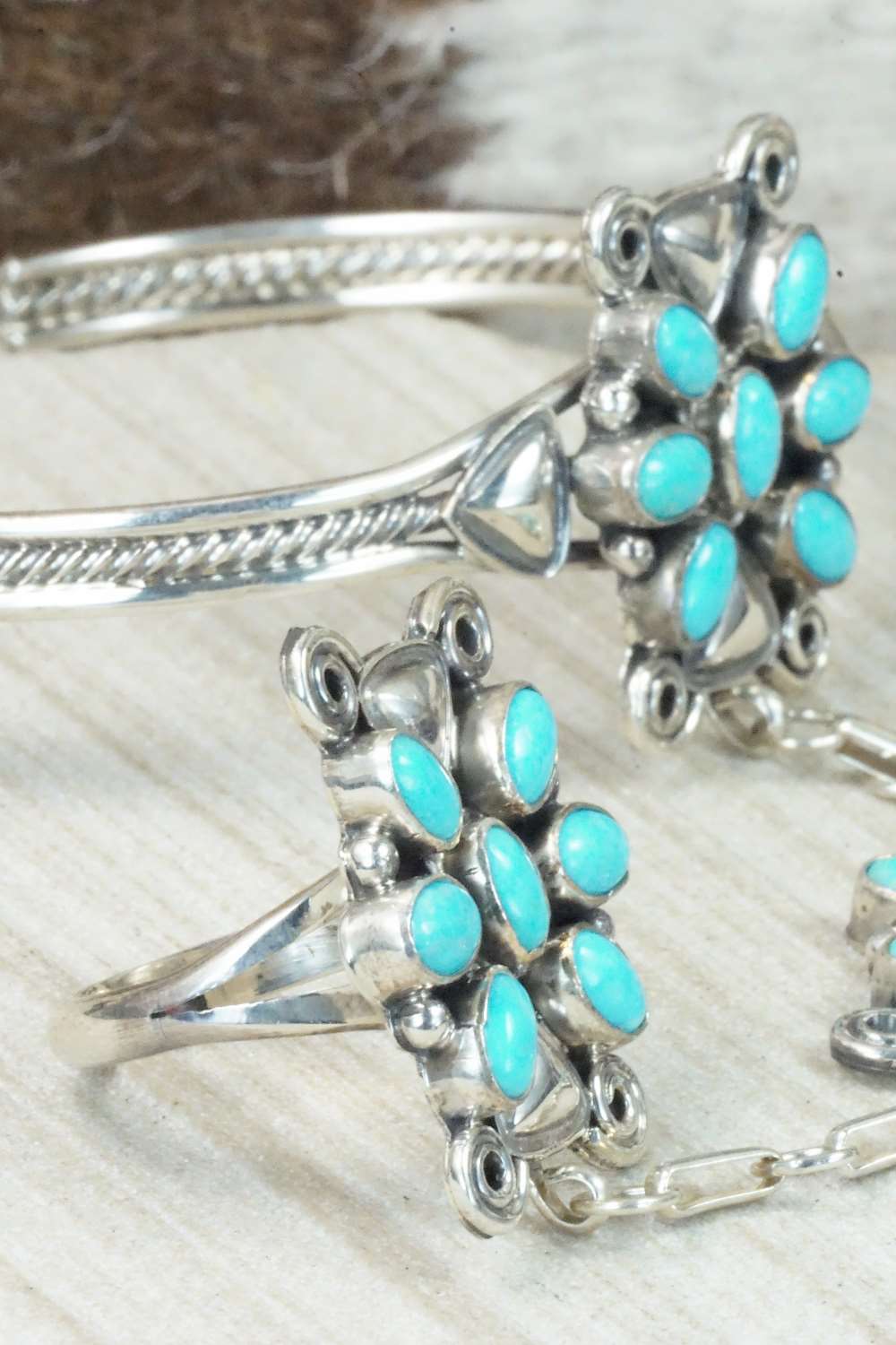 Turquoise & Sterling Silver Princess Bracelet & Ring - Size 8