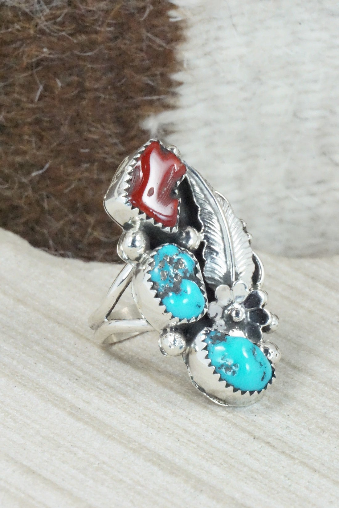 Turquoise, Coral & Sterling Silver Ring - Shirley Largo - Size 8.25