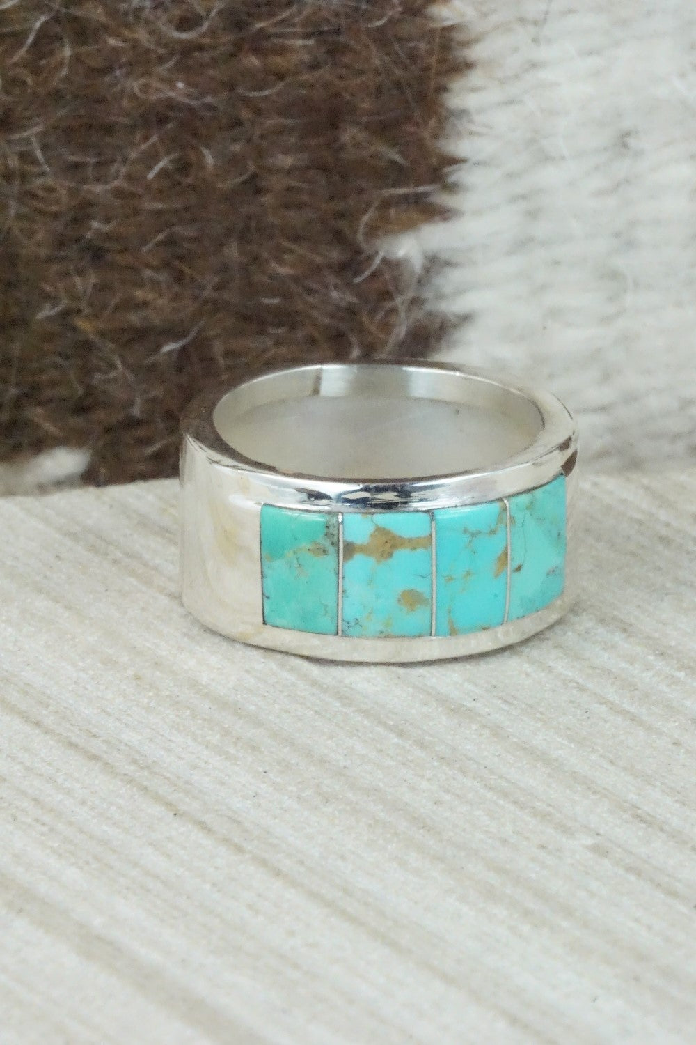Turquoise & Sterling Silver Inlay Ring - Bruce Johnson - Size 11.5