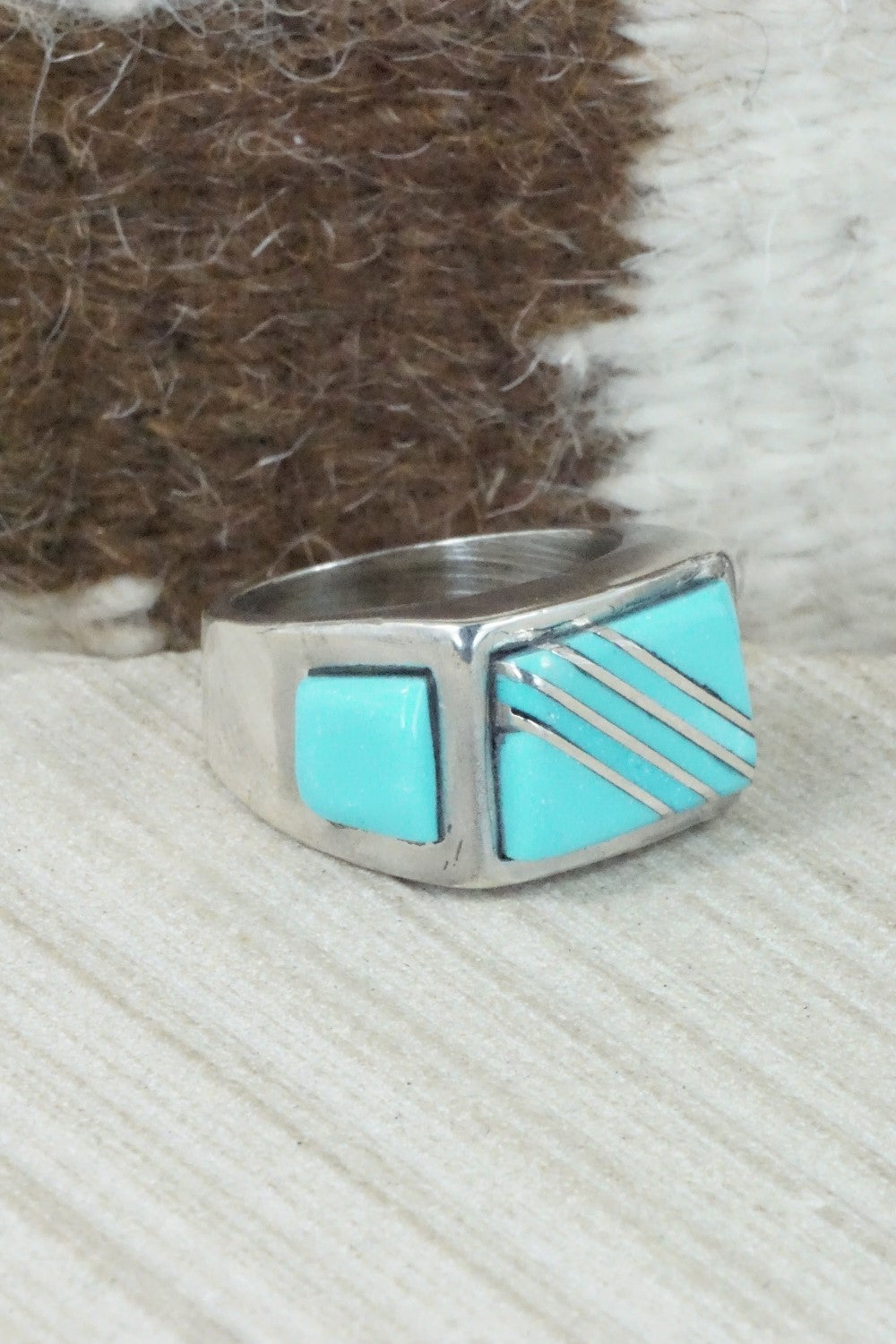 Turquoise & Sterling Silver Inlay Ring - Leslie & Gladys Lamy - Size 10.5