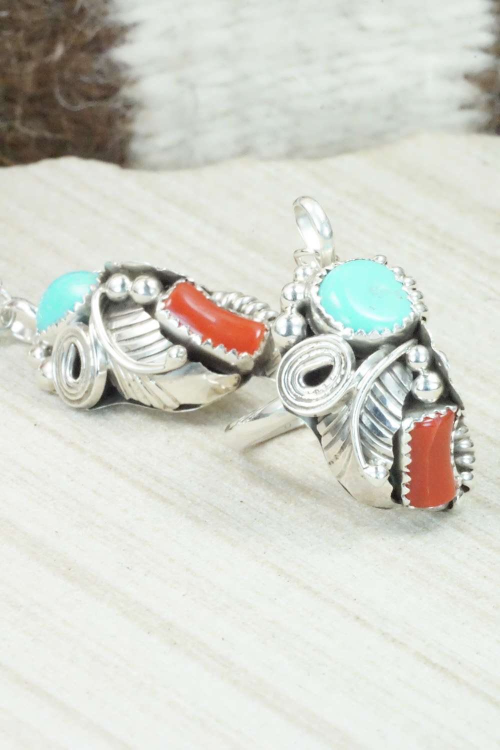 Turquoise & Coral Bracelet and Ring - Max Calladitto - Size 7.5