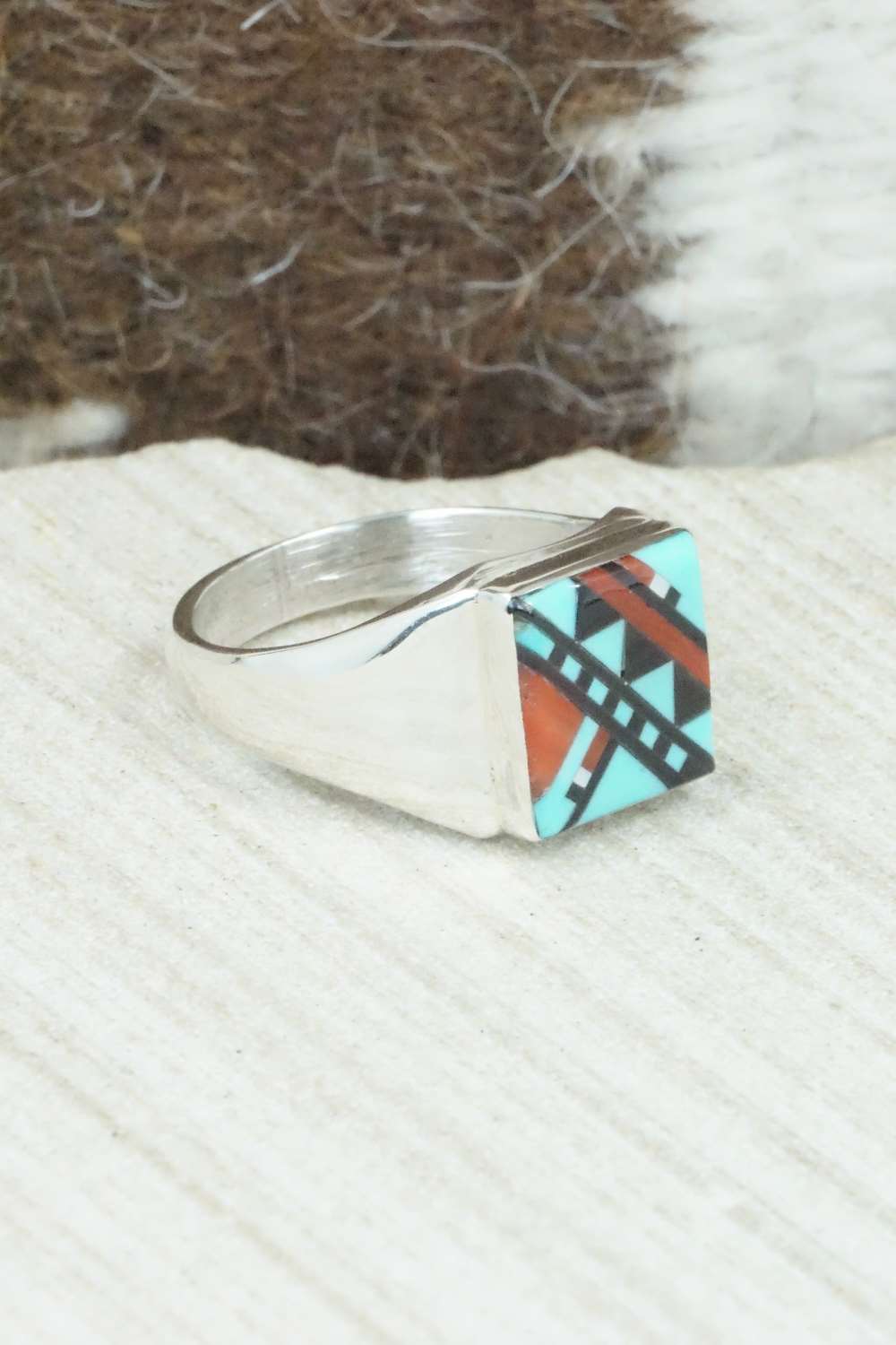 Multi Stone & Sterling Silver Ring - Herbert Kallestewa - Size 9.5