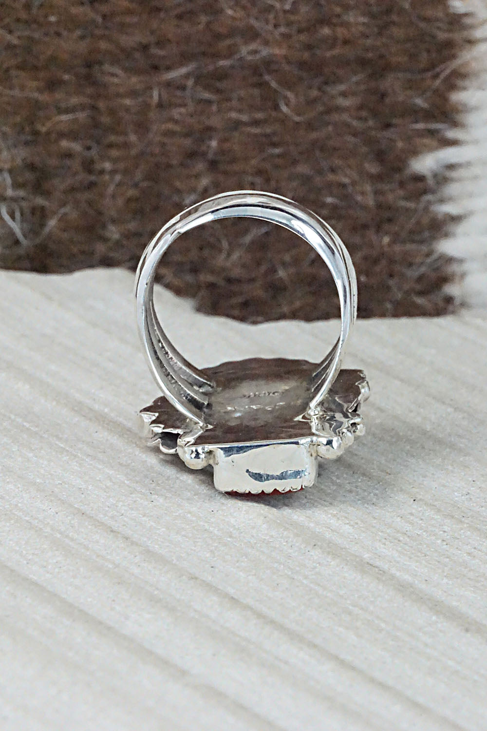 Turquoise, Coral & Sterling Silver Ring - Sandra Parkett - Size 8.75