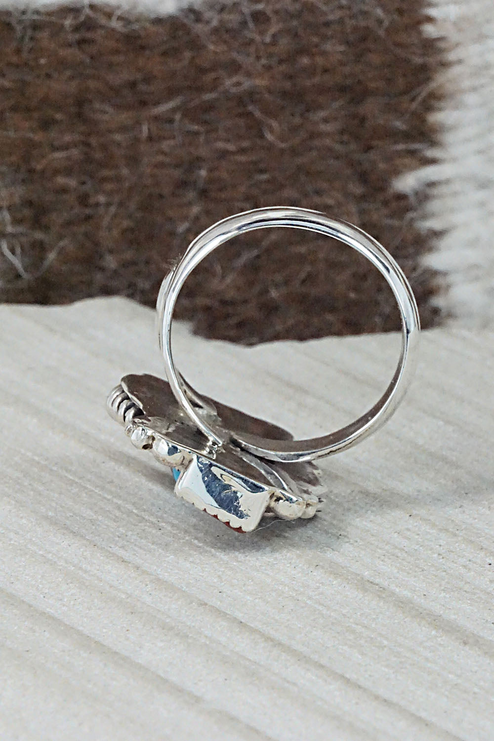 Turquoise, Coral & Sterling Silver Ring - Sandra Parkett - Size 8 (Adj.)