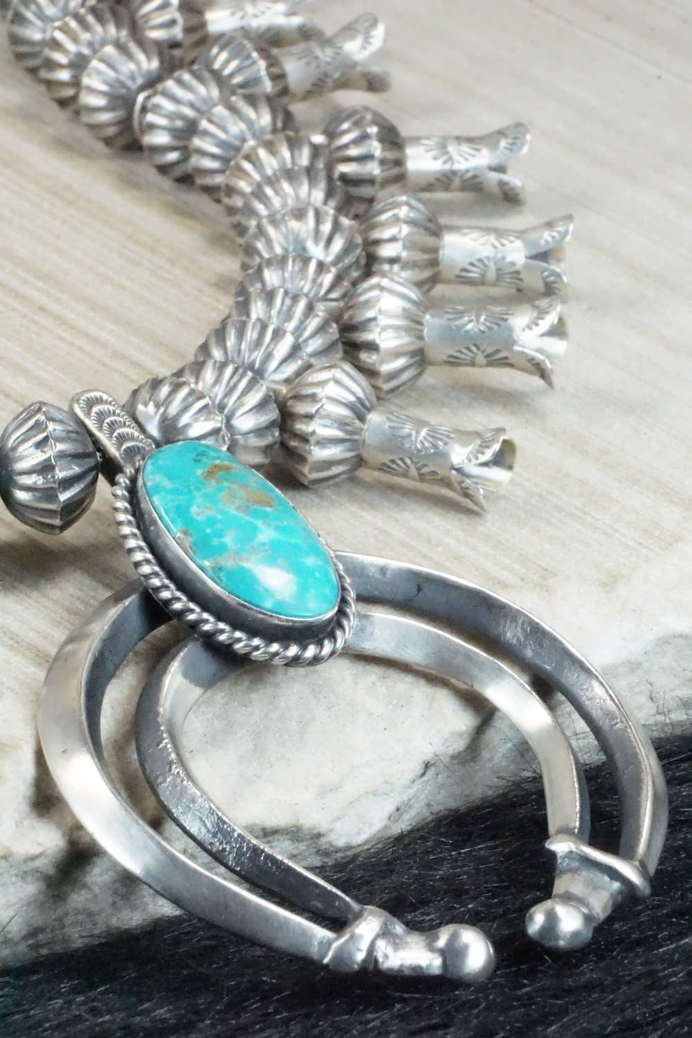Turquoise & Sterling Silver Squash Blossom Necklace and Earrings - Chris Hale