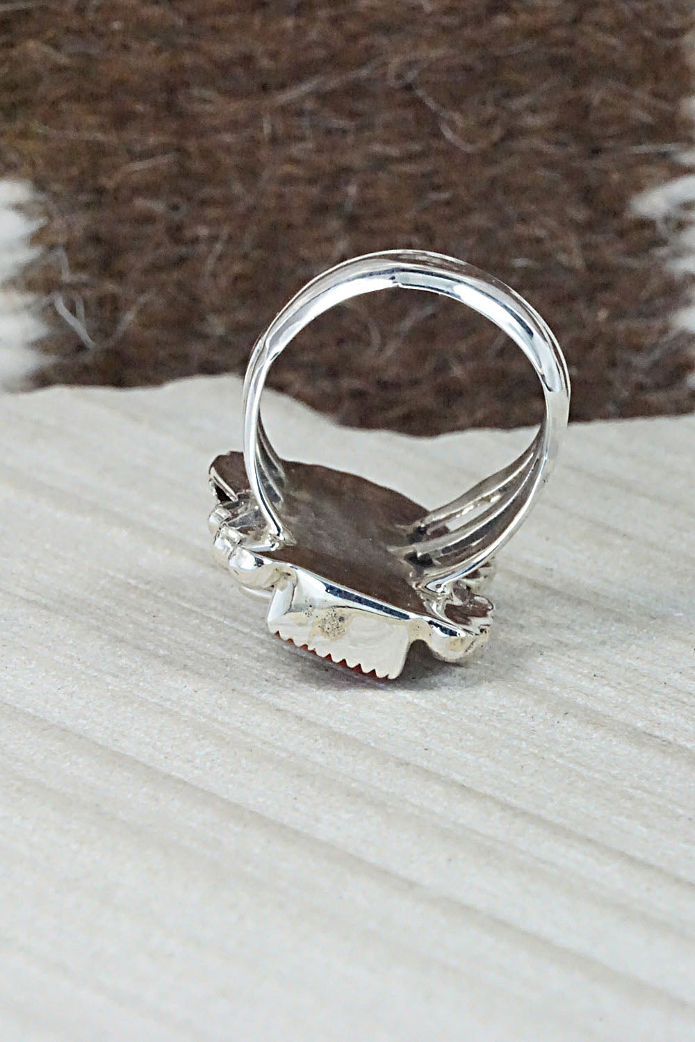 Turquoise, Coral & Sterling Silver Ring - Sandra Parkett - Size 7.5