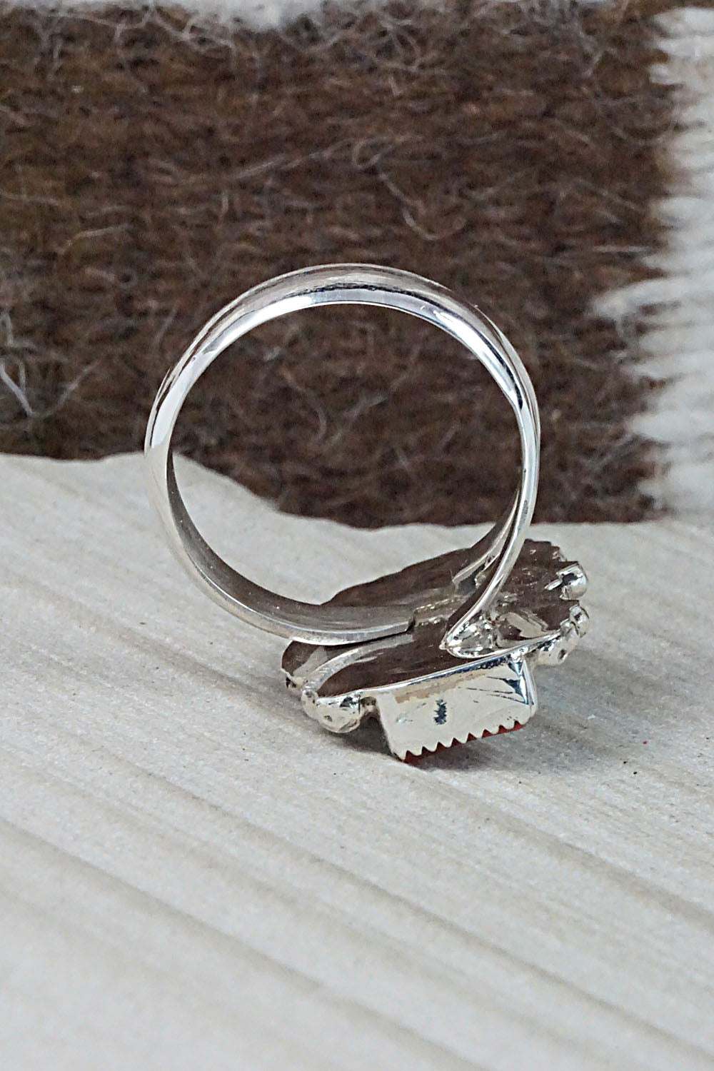 Turquoise, Coral & Sterling Silver Ring - Sandra Parkett - Size 7.5 (Adj.)