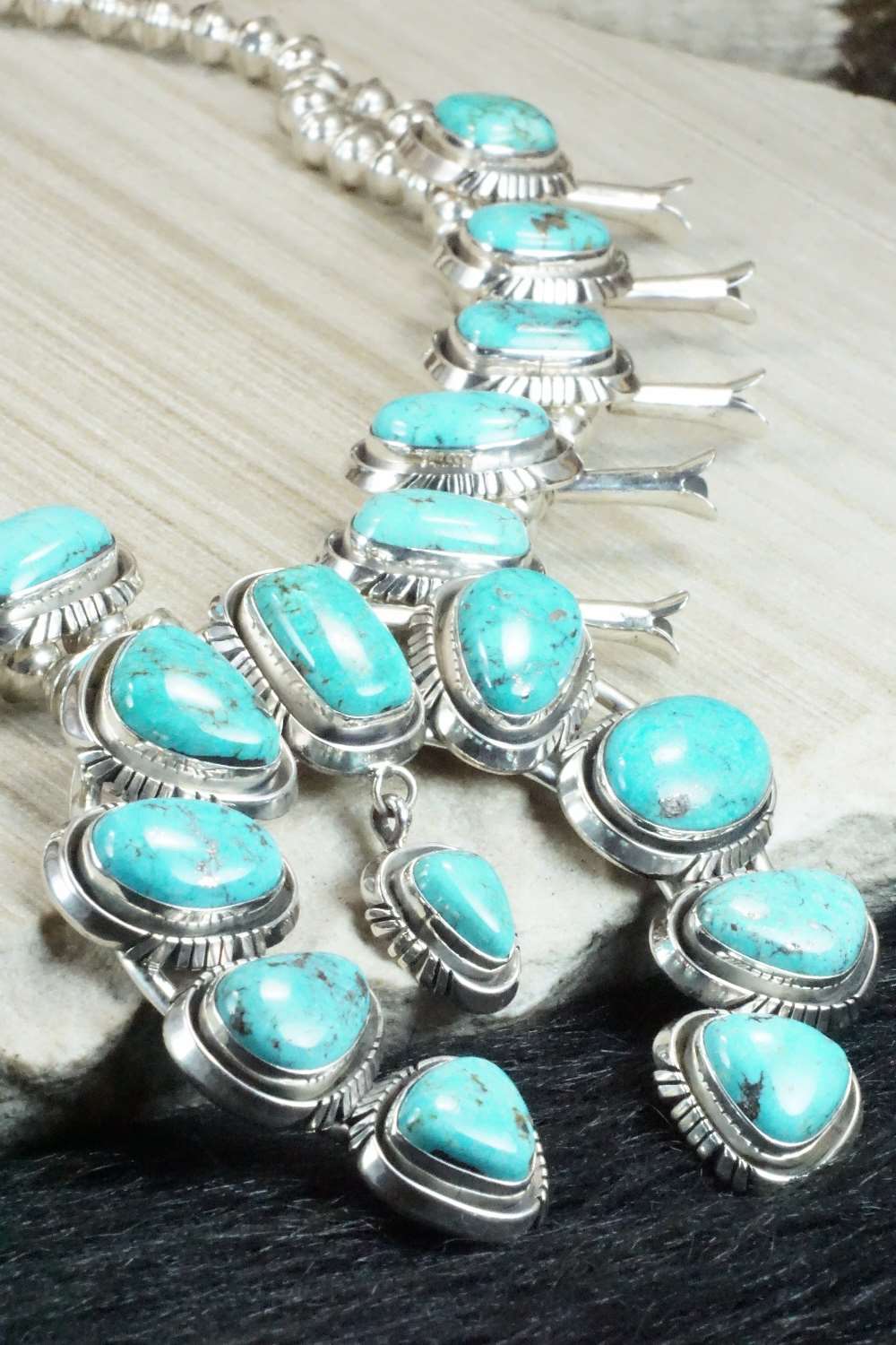 Turquoise & Sterling Silver Squash Blossom and Earrings - Mary Ann Spencer