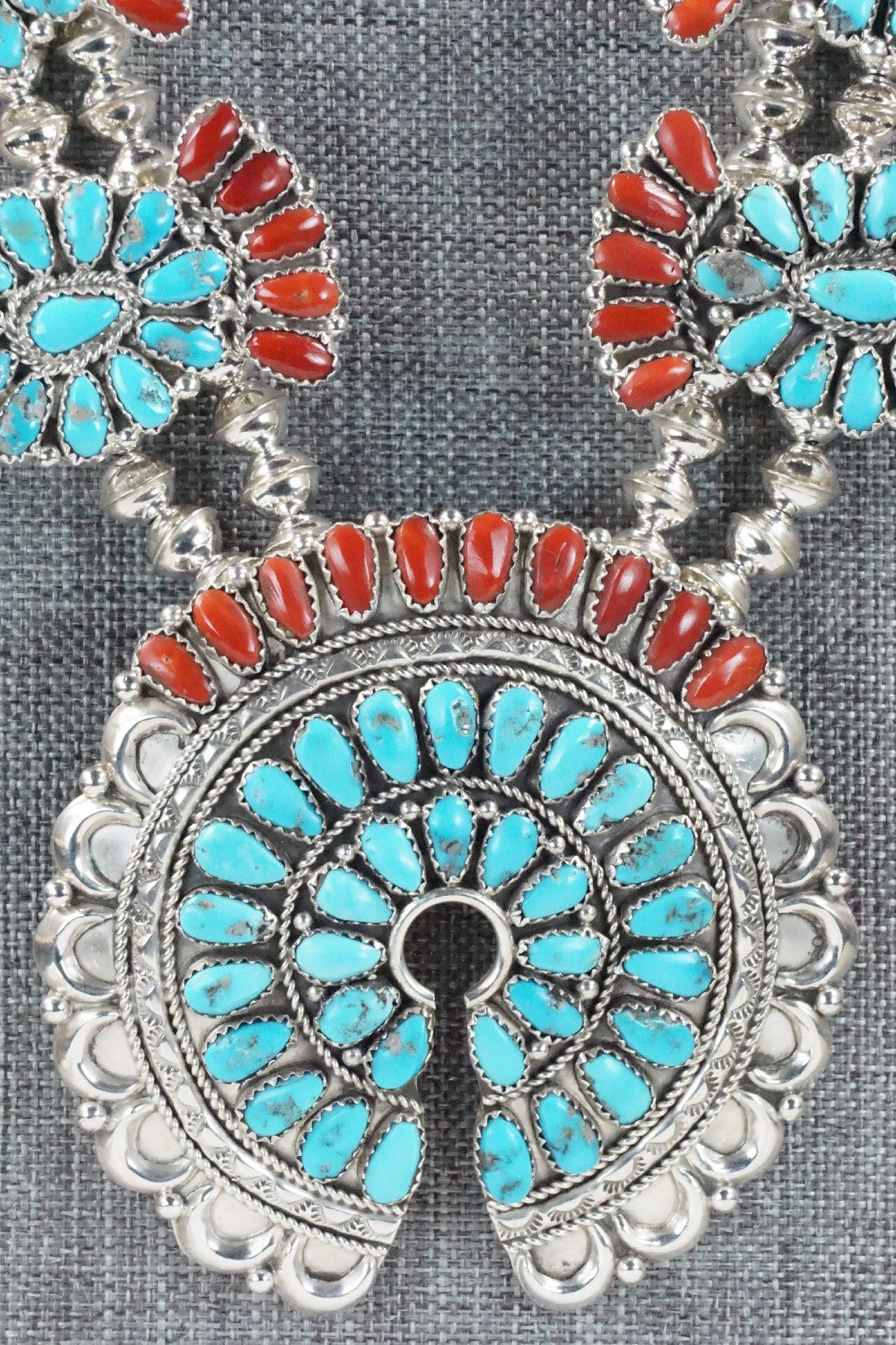 Turquoise, Coral & Sterling Silver Squash Blossom Necklace Set - Justina Wilson