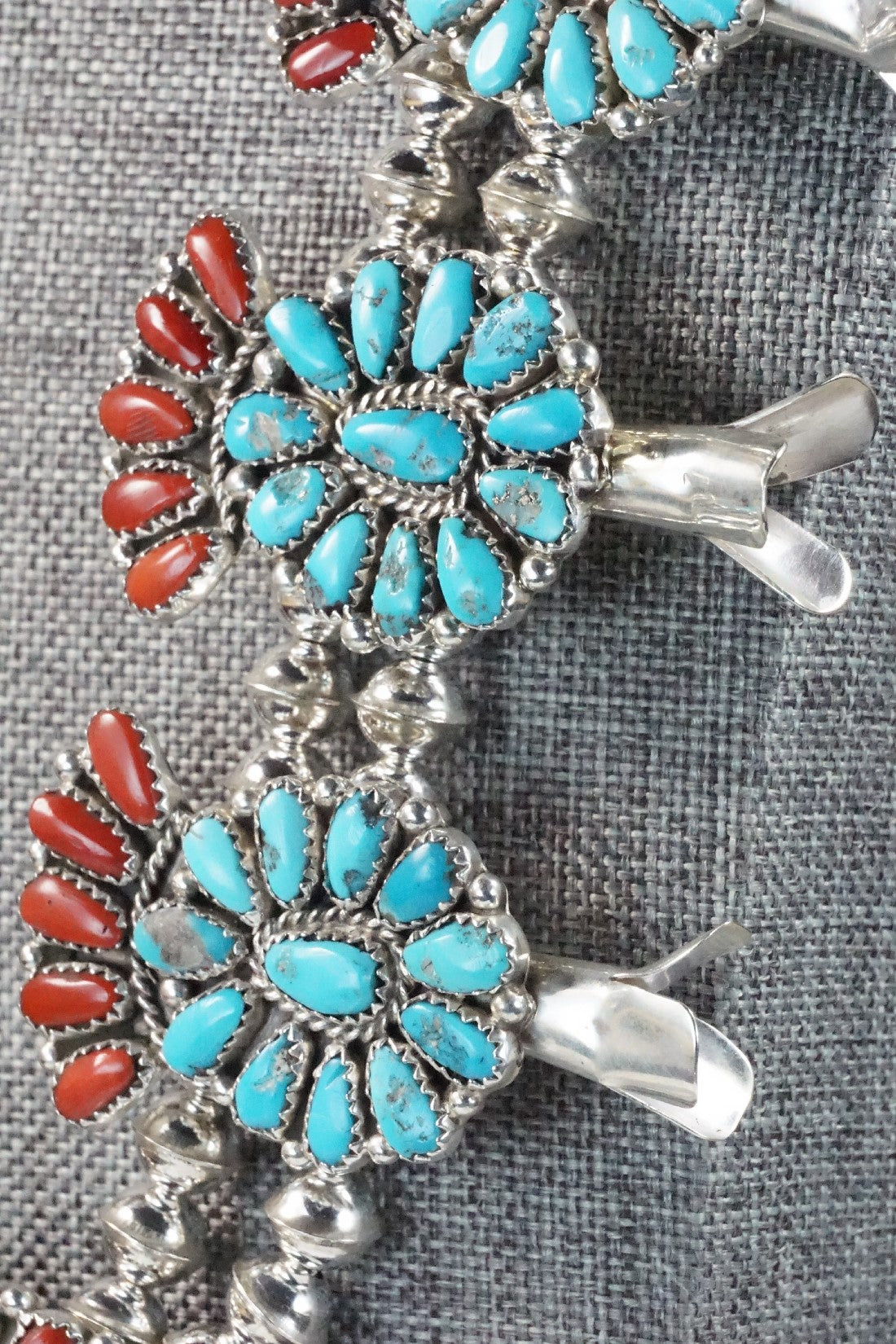 Turquoise, Coral & Sterling Silver Squash Blossom Necklace Set - Justina Wilson