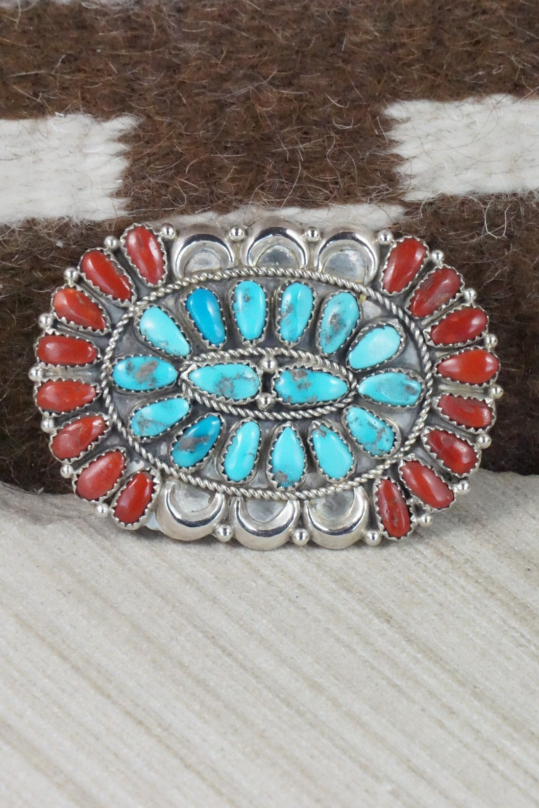 Turquoise, Coral & Sterling Silver Squash Blossom Necklace Set - Justina Wilson