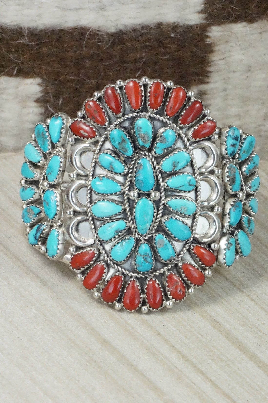Turquoise, Coral & Sterling Silver Squash Blossom Necklace Set - Justina Wilson