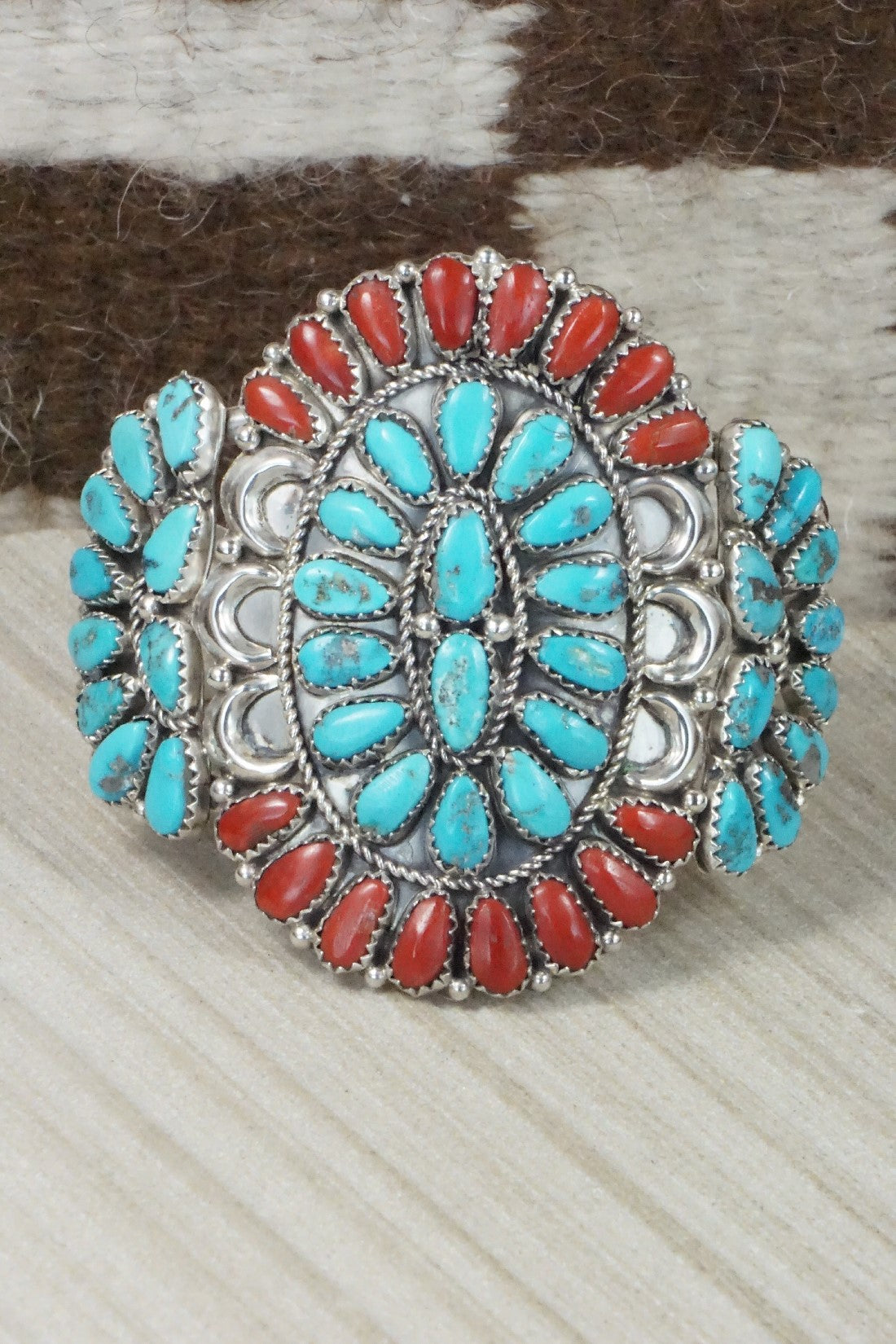 Turquoise, Coral & Sterling Silver Squash Blossom Necklace Set - Justina Wilson
