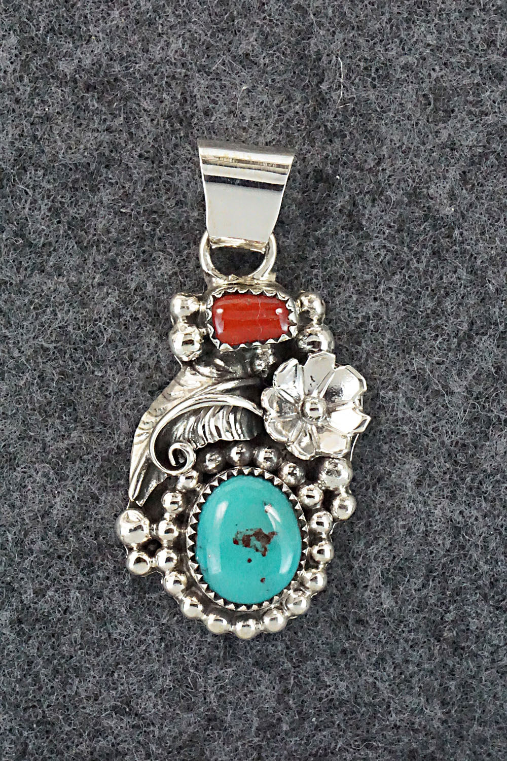 Turquoise, Coral and Sterling Silver Pendant - Sandra Parkett