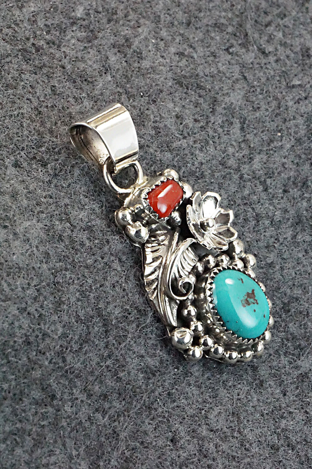 Turquoise, Coral and Sterling Silver Pendant - Sandra Parkett