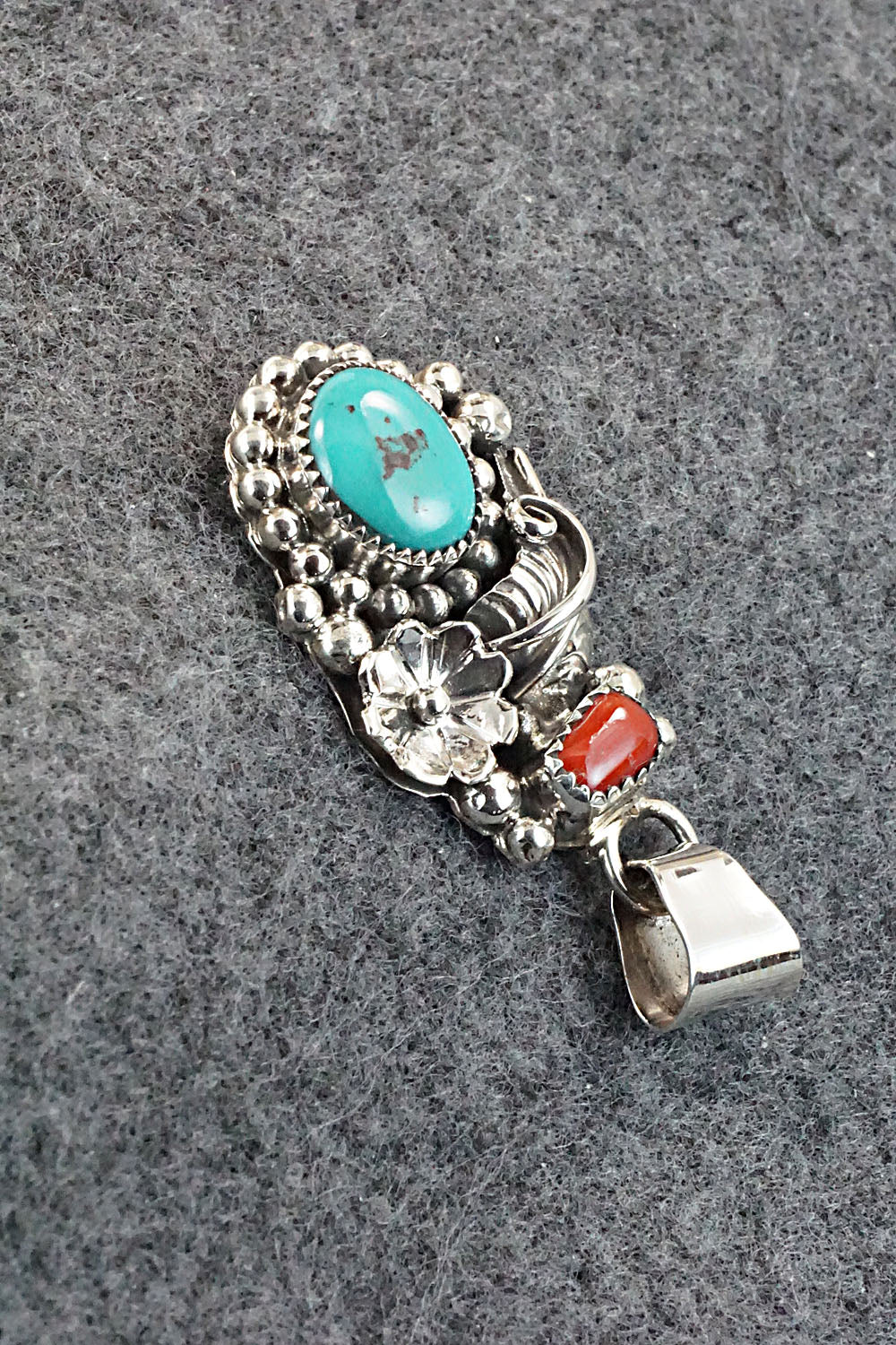 Turquoise, Coral and Sterling Silver Pendant - Sandra Parkett