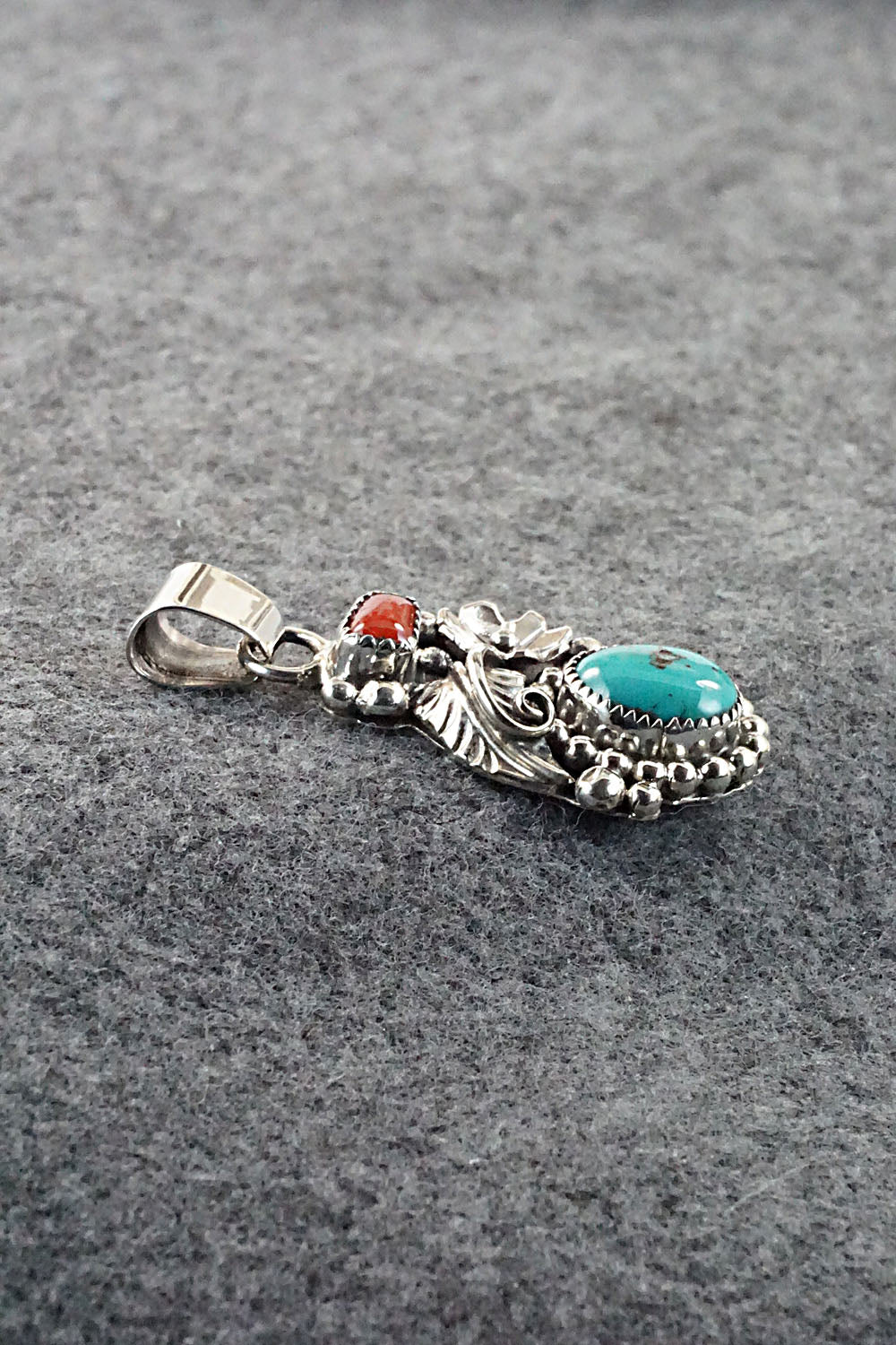 Turquoise, Coral and Sterling Silver Pendant - Sandra Parkett