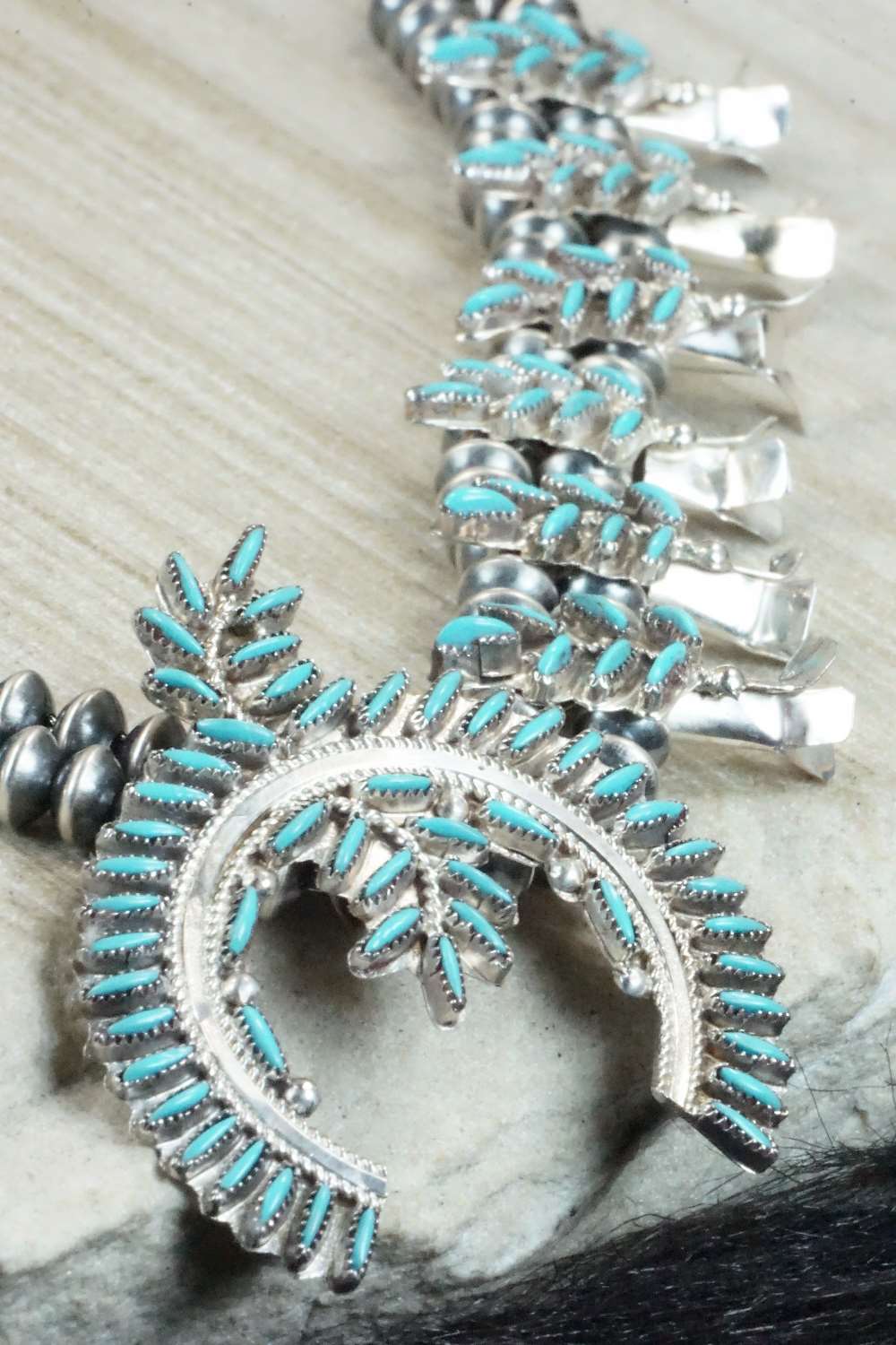 Turquoise & Sterling Silver Squash Blossom & Earrings - Lorna Mahkee