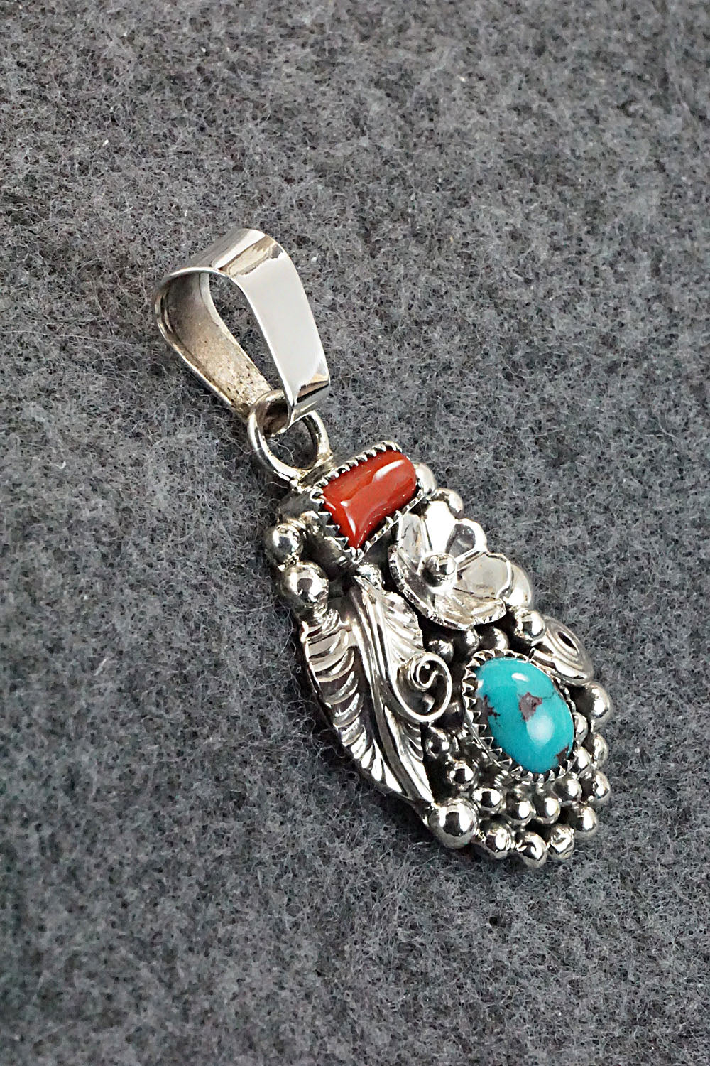 Turquoise, Coral and Sterling Silver Pendant - Sandra Parkett