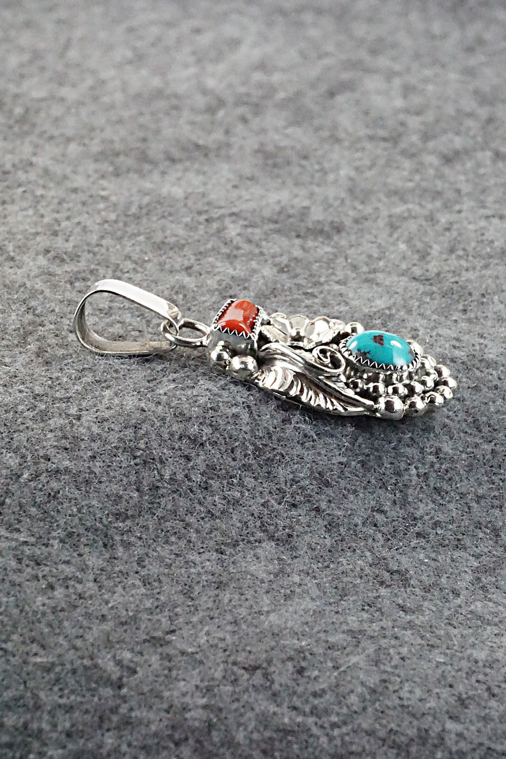 Turquoise, Coral and Sterling Silver Pendant - Sandra Parkett