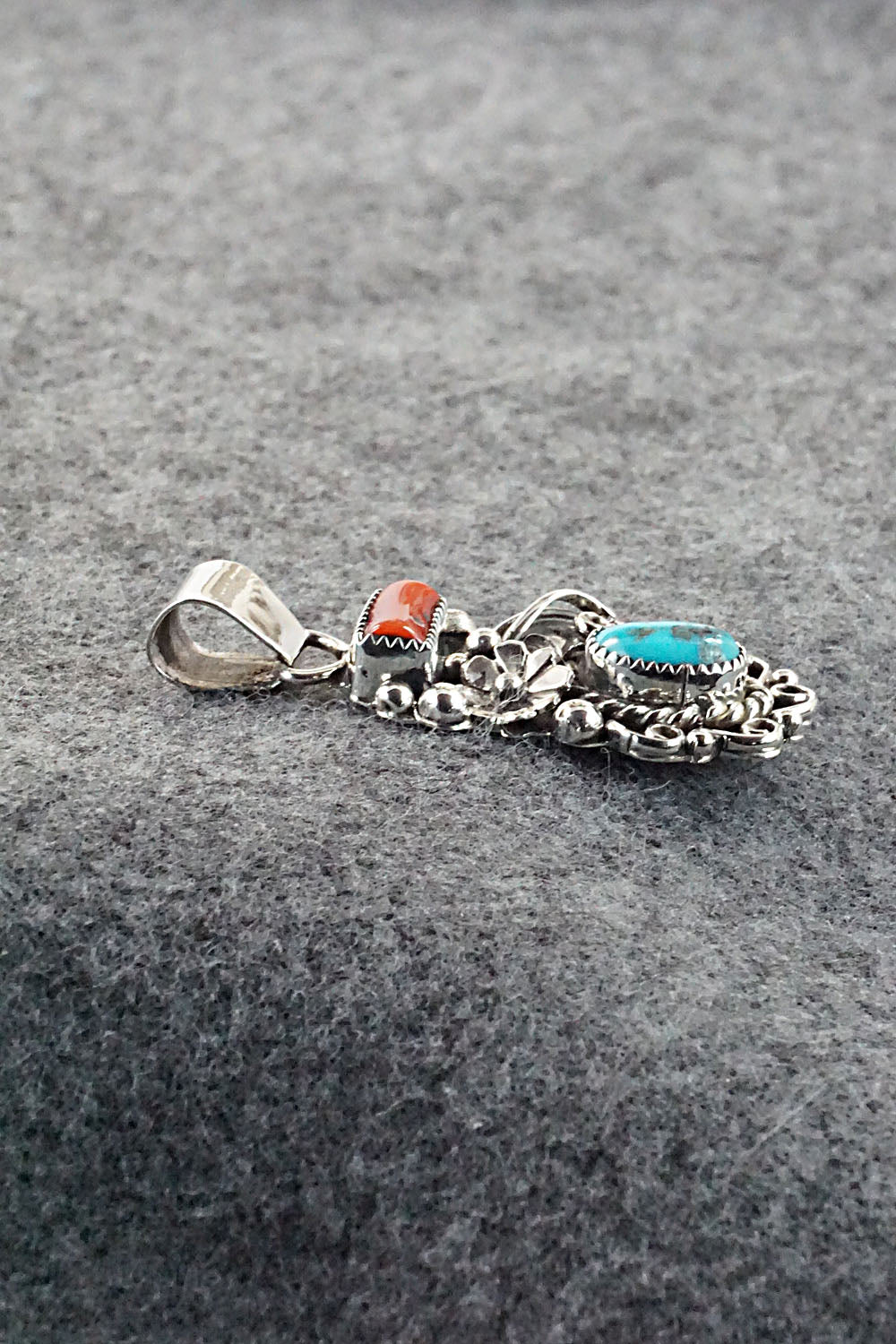 Turquoise, Coral and Sterling Silver Pendant - Sandra Parkett