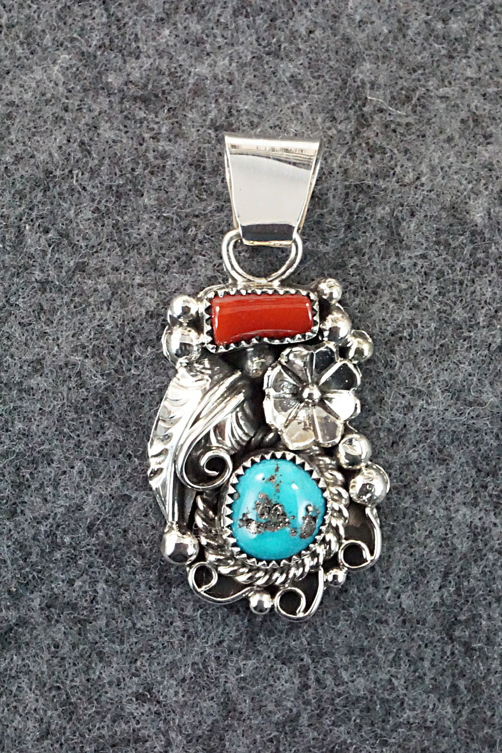 Turquoise, Coral and Sterling Silver Pendant - Sandra Parkett
