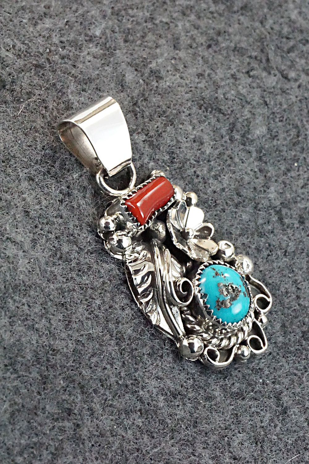 Turquoise, Coral and Sterling Silver Pendant - Sandra Parkett